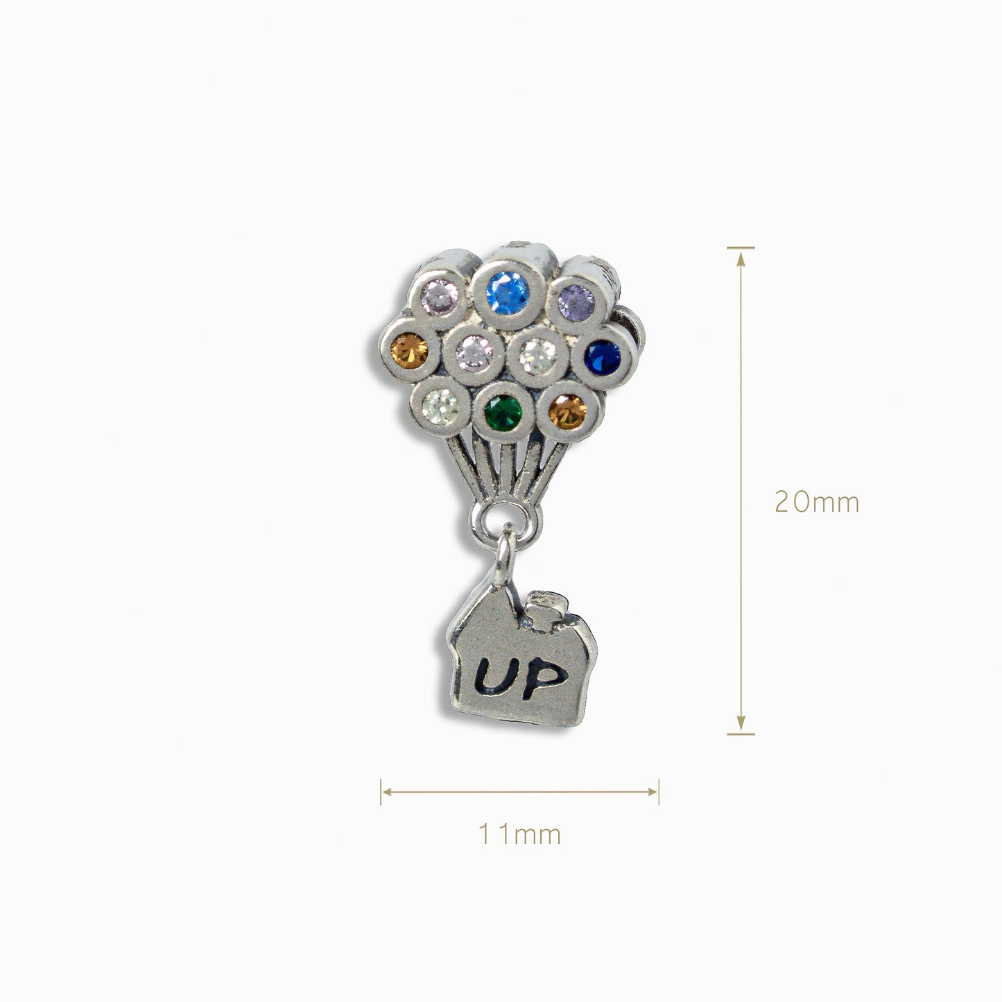 Charm colgante en Plata Ley 925 con racimo de globos de circones multicolores y dije de casa con grabado UP.