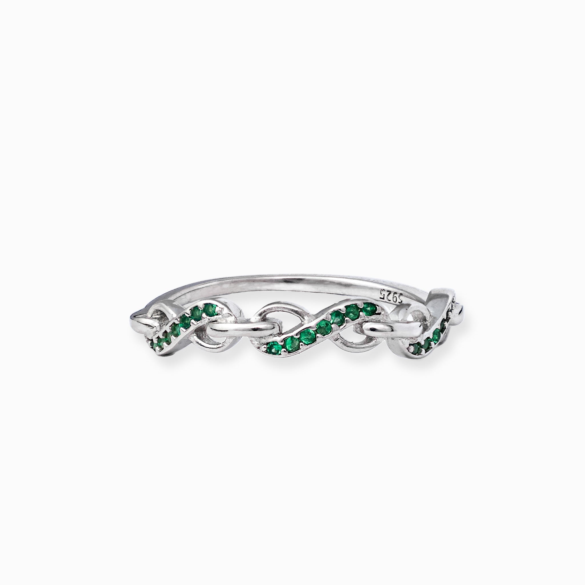 Anillo de Plata Ley 925 talla 8 con silueta de infinitos entrelazados decorados con microcircones verdes sobre fondo blanco.