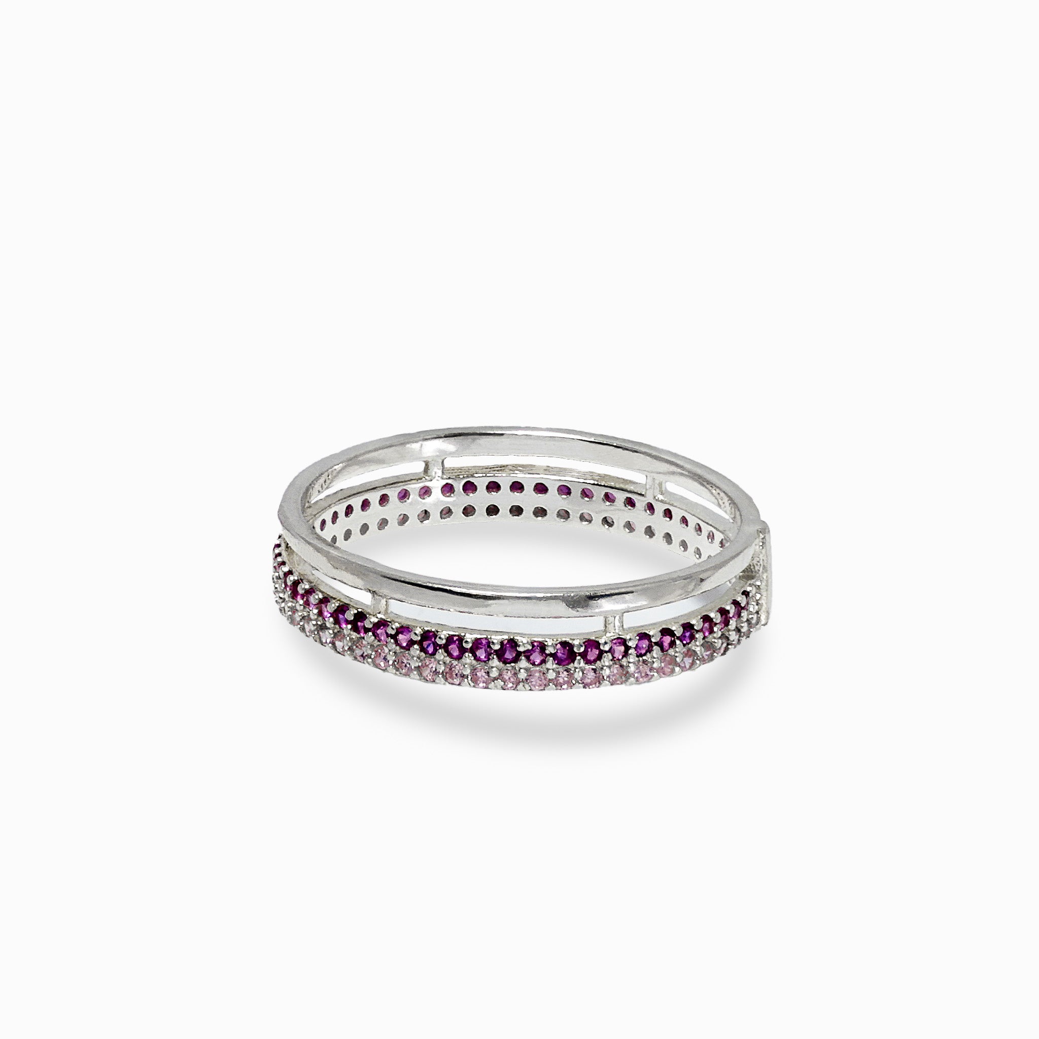 Anillo de Plata Ley 925 talla 8 con diseño de dos líneas paralelas cubiertas con circones de color fucsia y rosa claro.