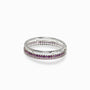 Anillo de Plata Ley 925 talla 8 con diseño de dos líneas paralelas cubiertas con circones de color fucsia y rosa claro.