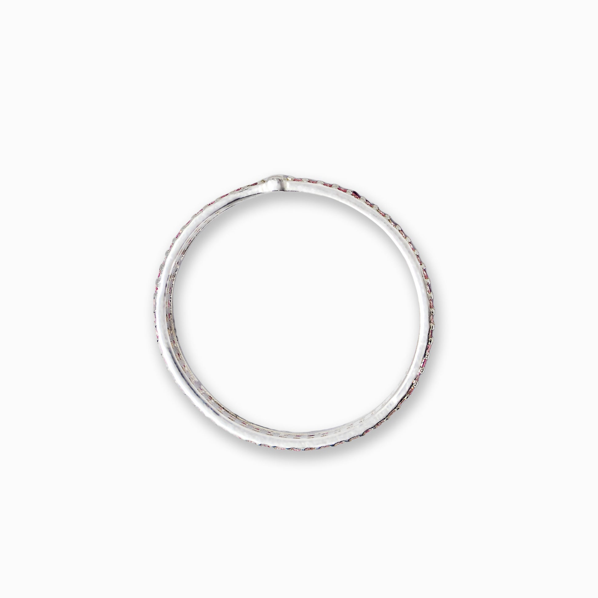 Anillo de Plata Ley 925 talla 8 con diseño de dos líneas paralelas cubiertas con circones de color fucsia y rosa claro.