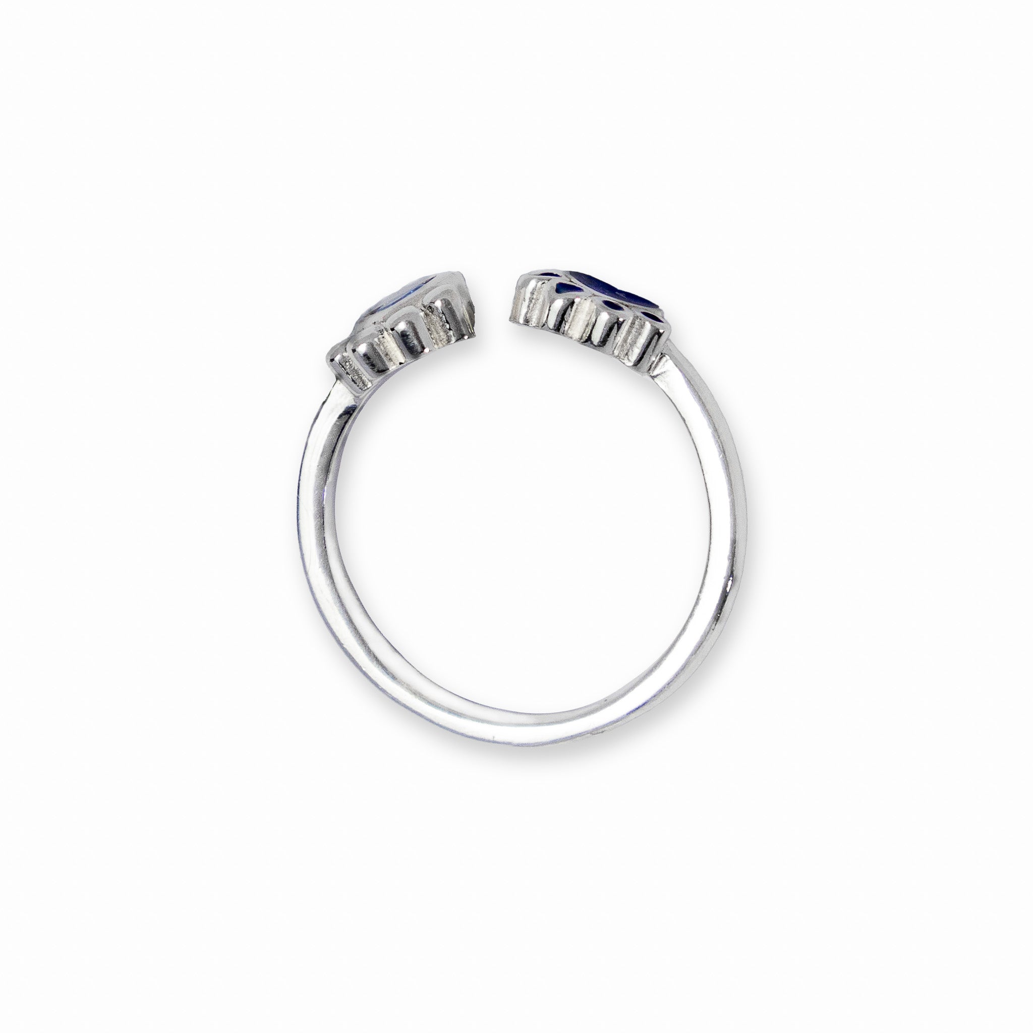 Anillo abierto ajustable de Plata Ley 925 con dos dijes integrados de huellas de mascota con detalles y piedra cirón en color azul.
