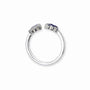 Anillo abierto ajustable de Plata Ley 925 con dos dijes integrados de huellas de mascota con detalles y piedra cirón en color azul.