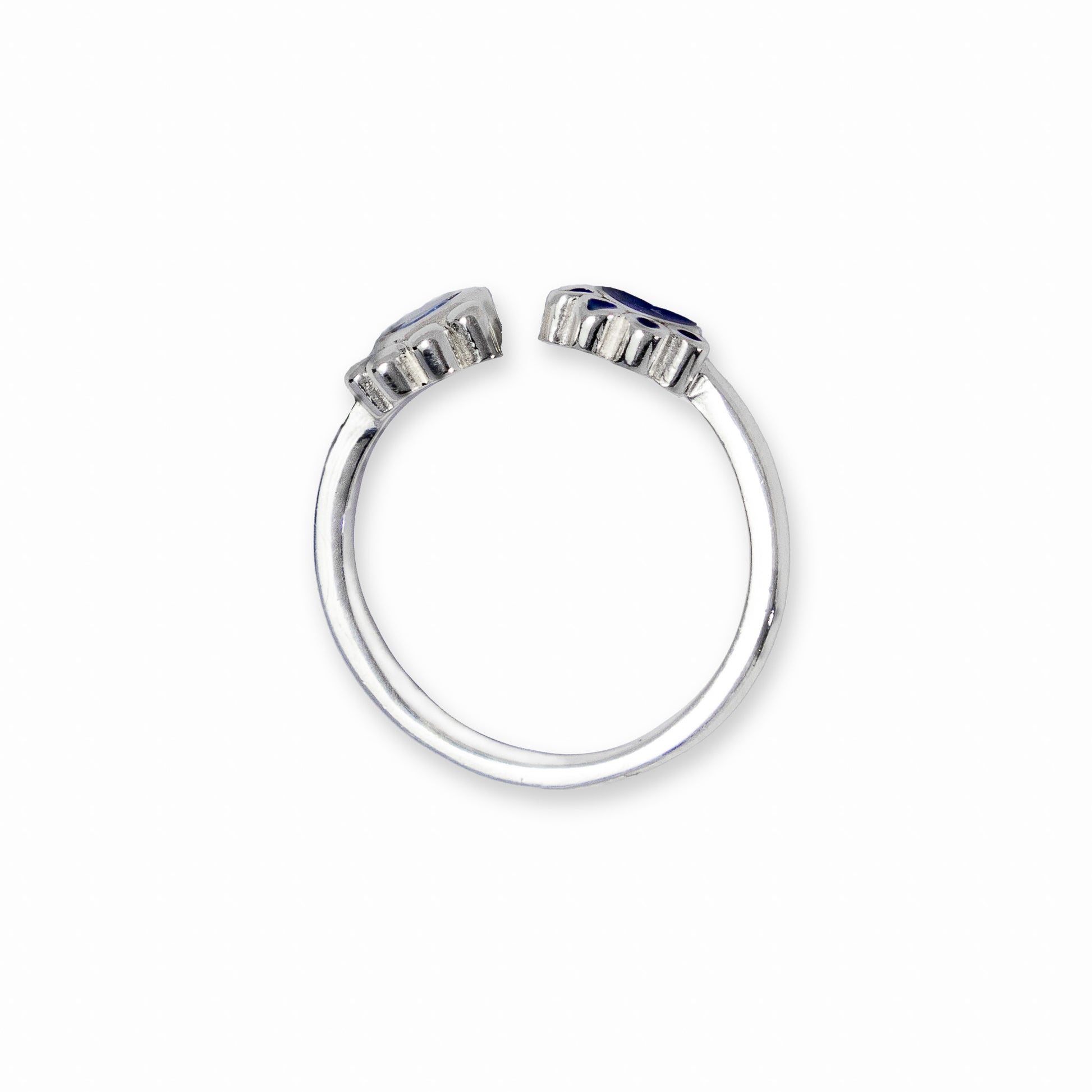Anillo abierto ajustable de Plata Ley 925 con dos dijes integrados de huellas de mascota con detalles y piedra cirón en color azul.