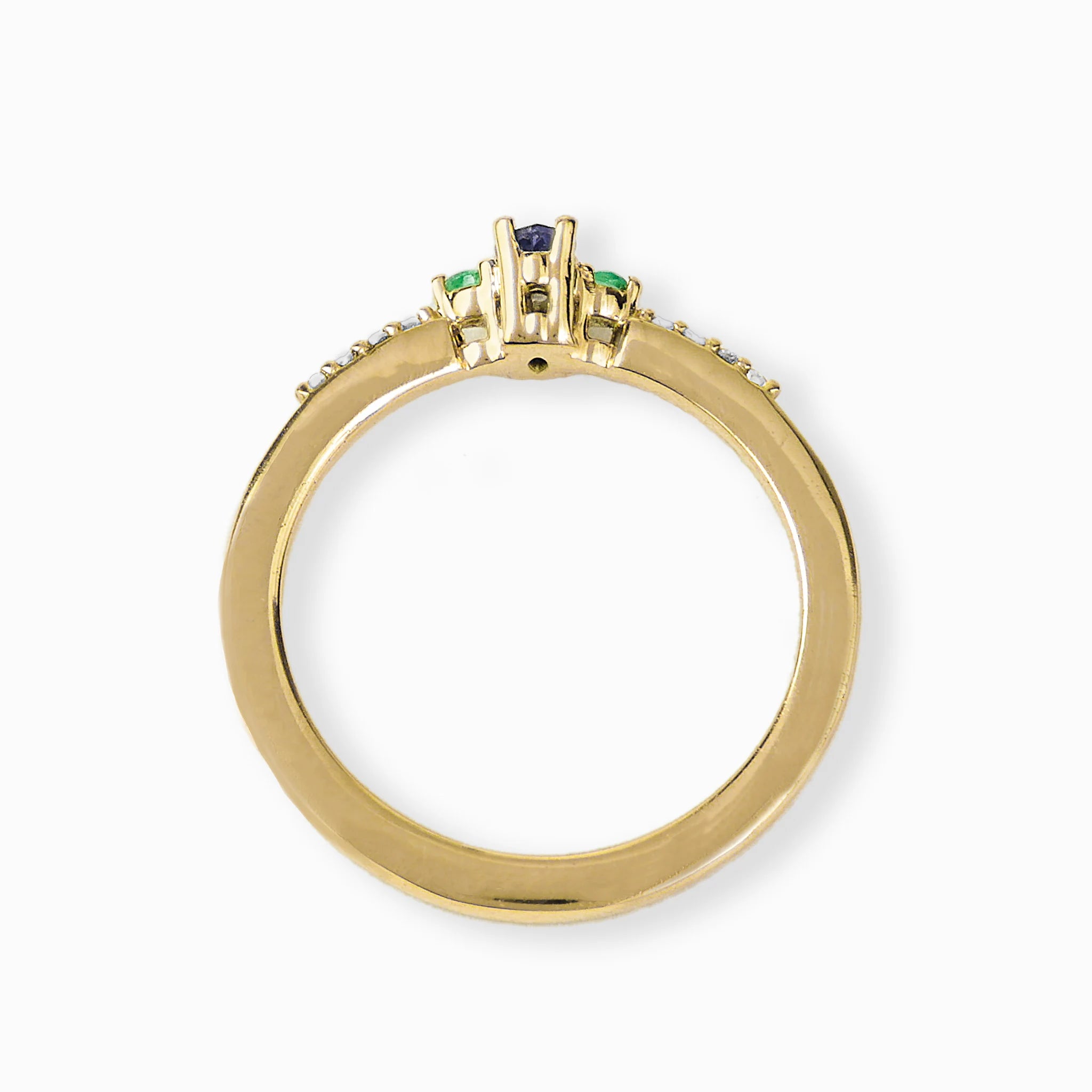 Anillo en oro con tanzanita, esmeralda y diamantes.