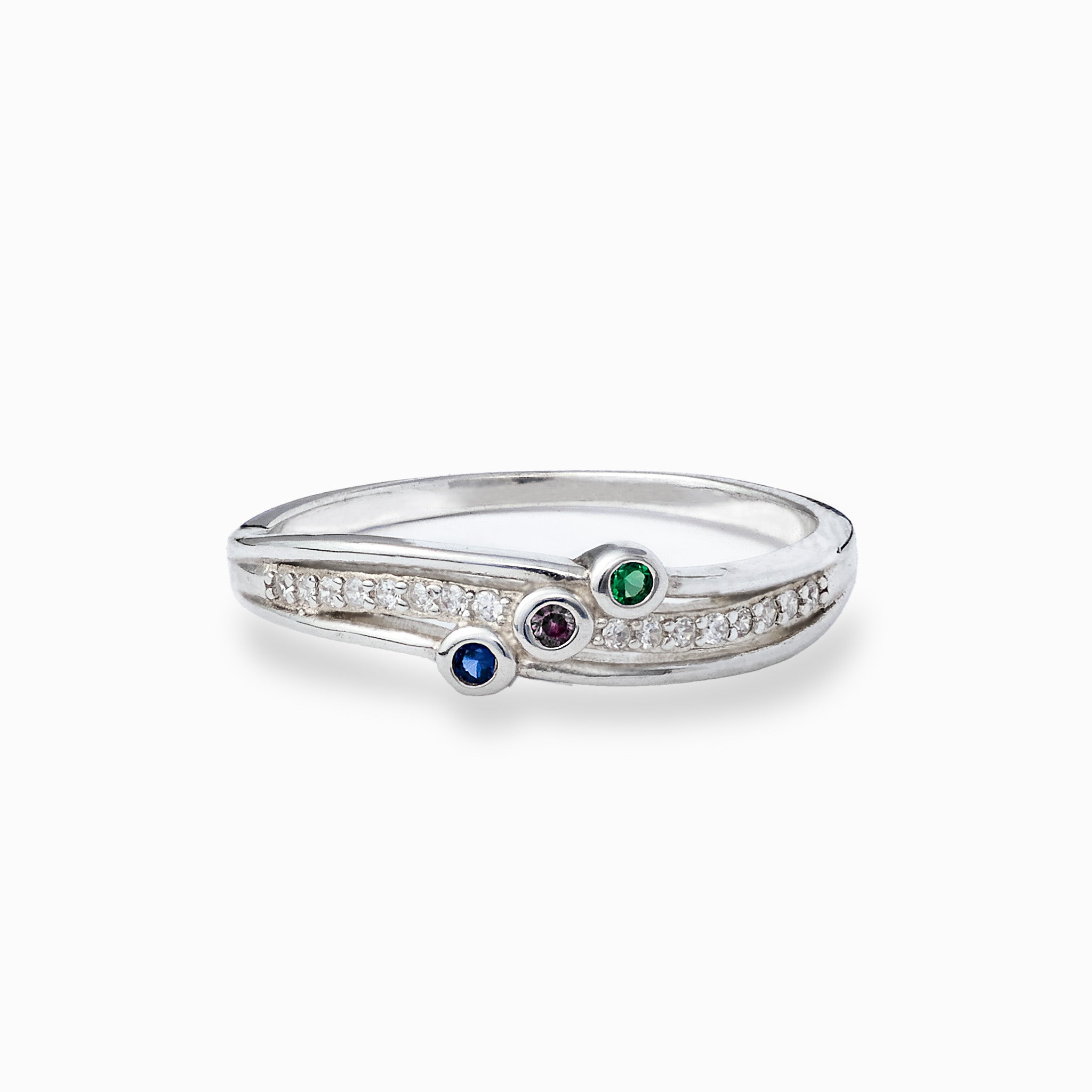 Anillo sinuoso de Plata Ley 925 talla 8 que incorpora tres circones redondos de colores azul, rojo y verde rodeados de microcircones blancos