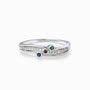 Anillo sinuoso de Plata Ley 925 talla 8 que incorpora tres circones redondos de colores azul, rojo y verde rodeados de microcircones blancos