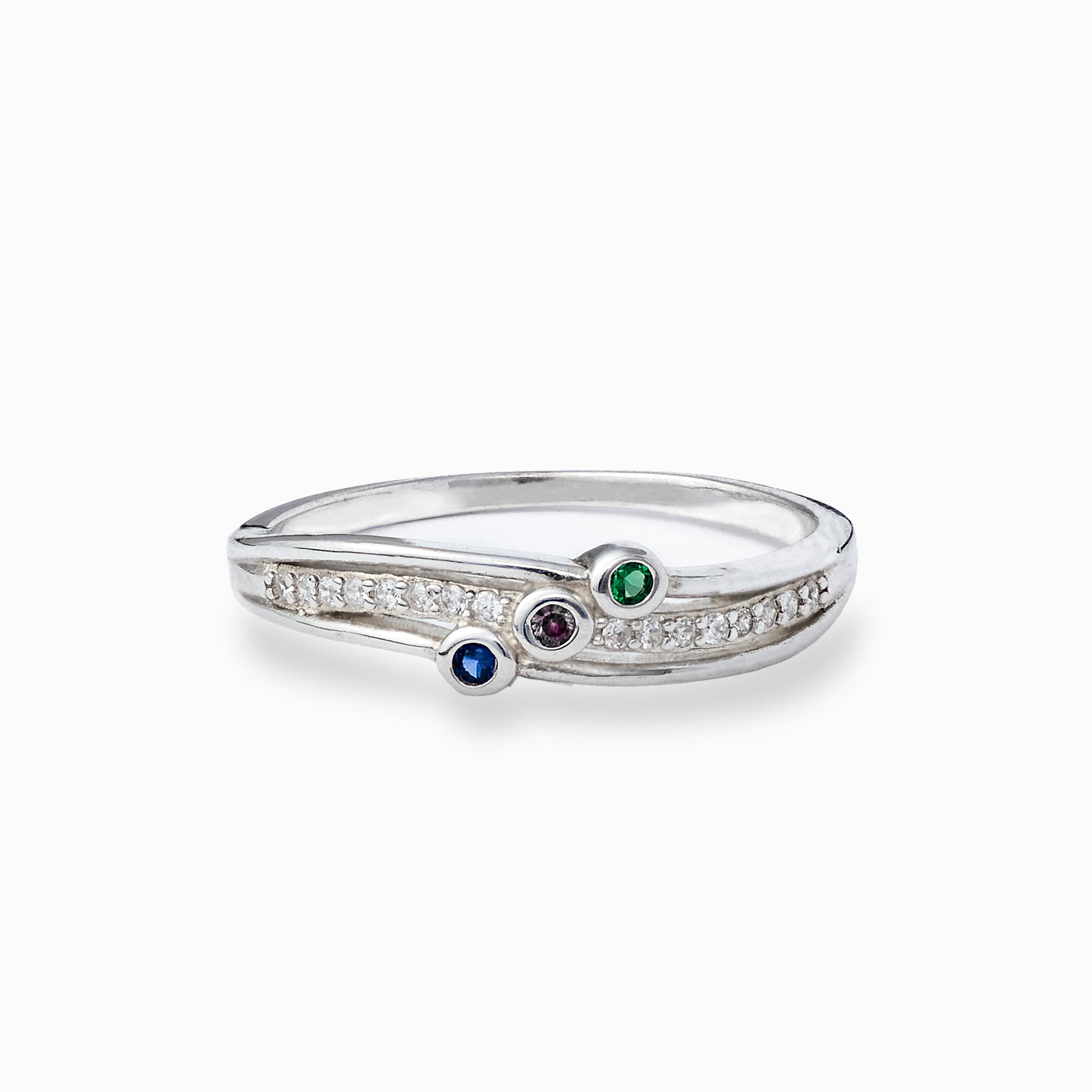 Anillo sinuoso de Plata Ley 925 talla 8 que incorpora tres circones redondos de colores azul, rojo y verde rodeados de microcircones blancos