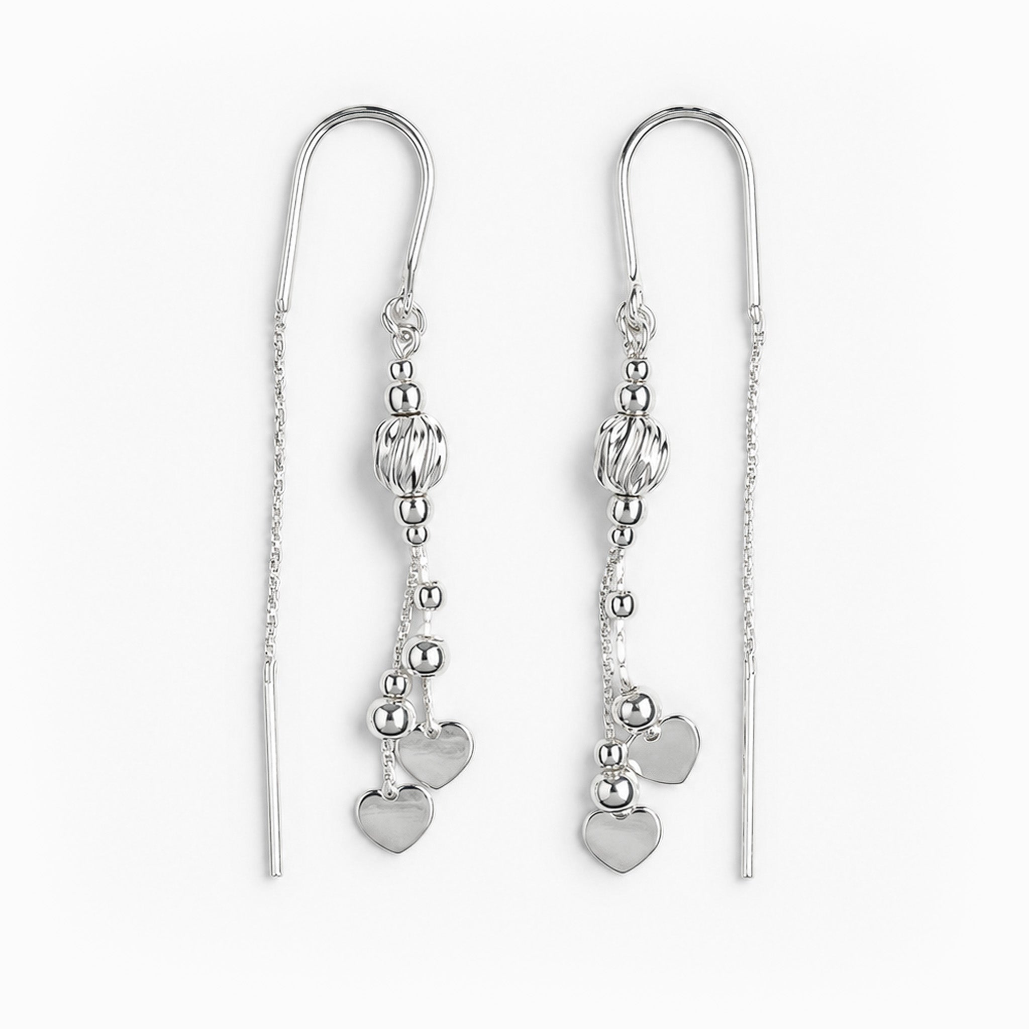 Aretes tipo hilo cascada con corazones en plata ley 925.