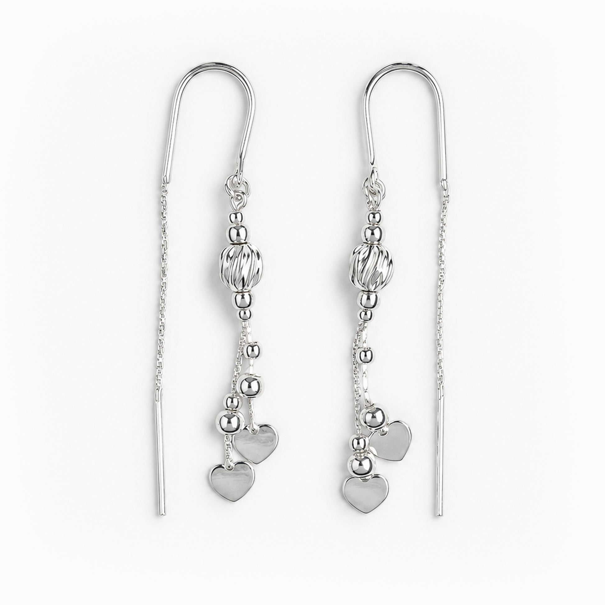 Aretes tipo hilo cascada con corazones en plata ley 925.