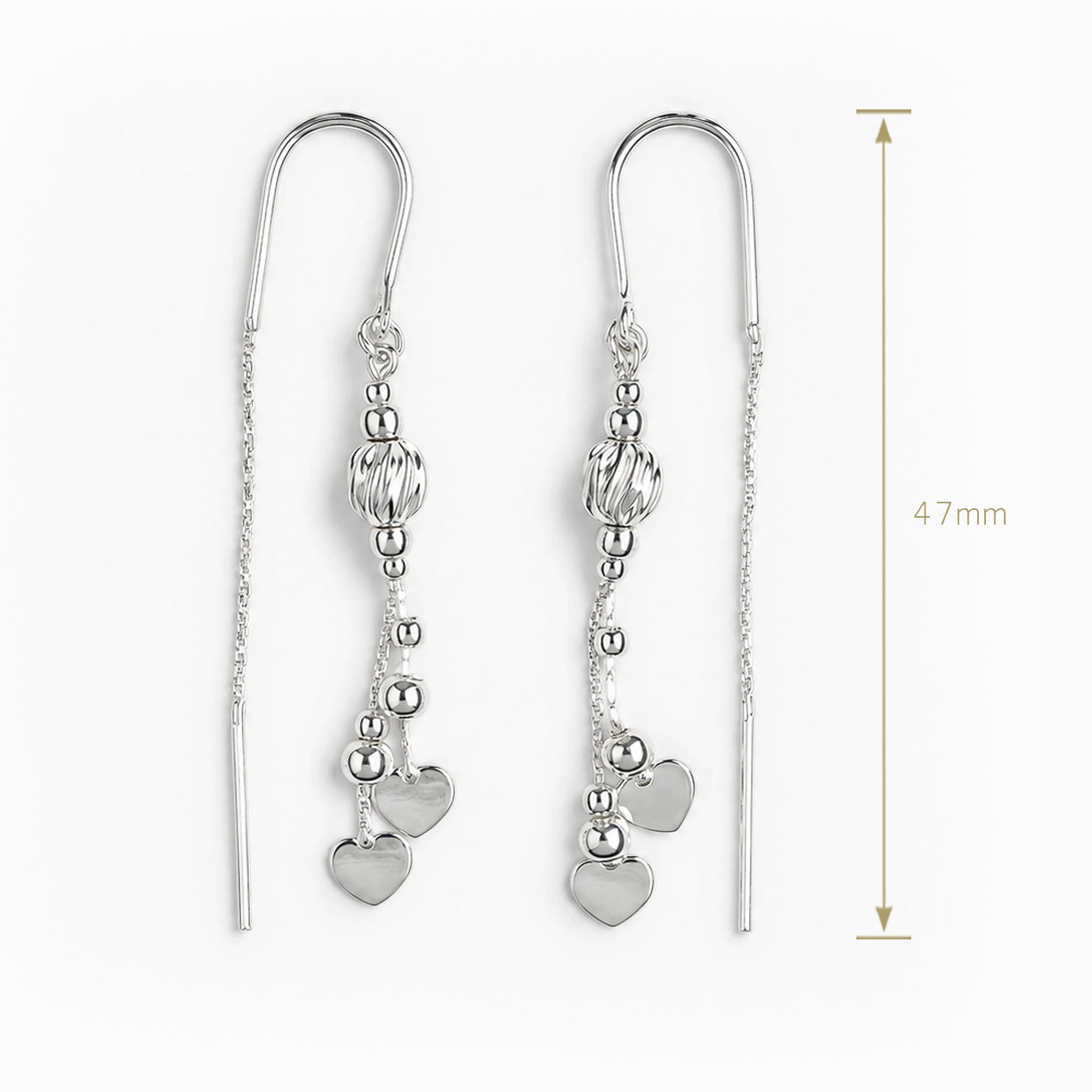 Aretes tipo hilo cascada con corazones en plata ley 925.