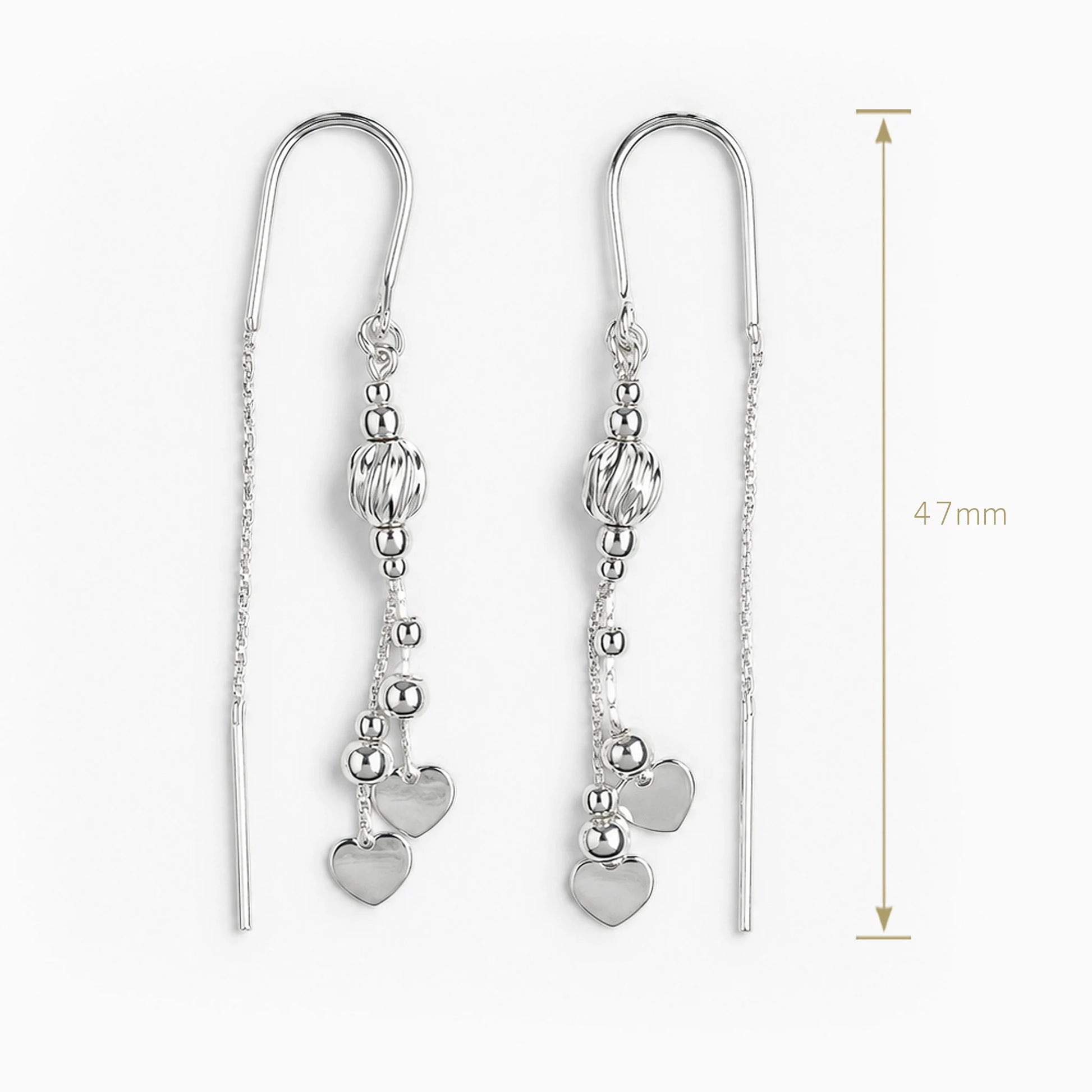 Aretes tipo hilo cascada con corazones en plata ley 925.