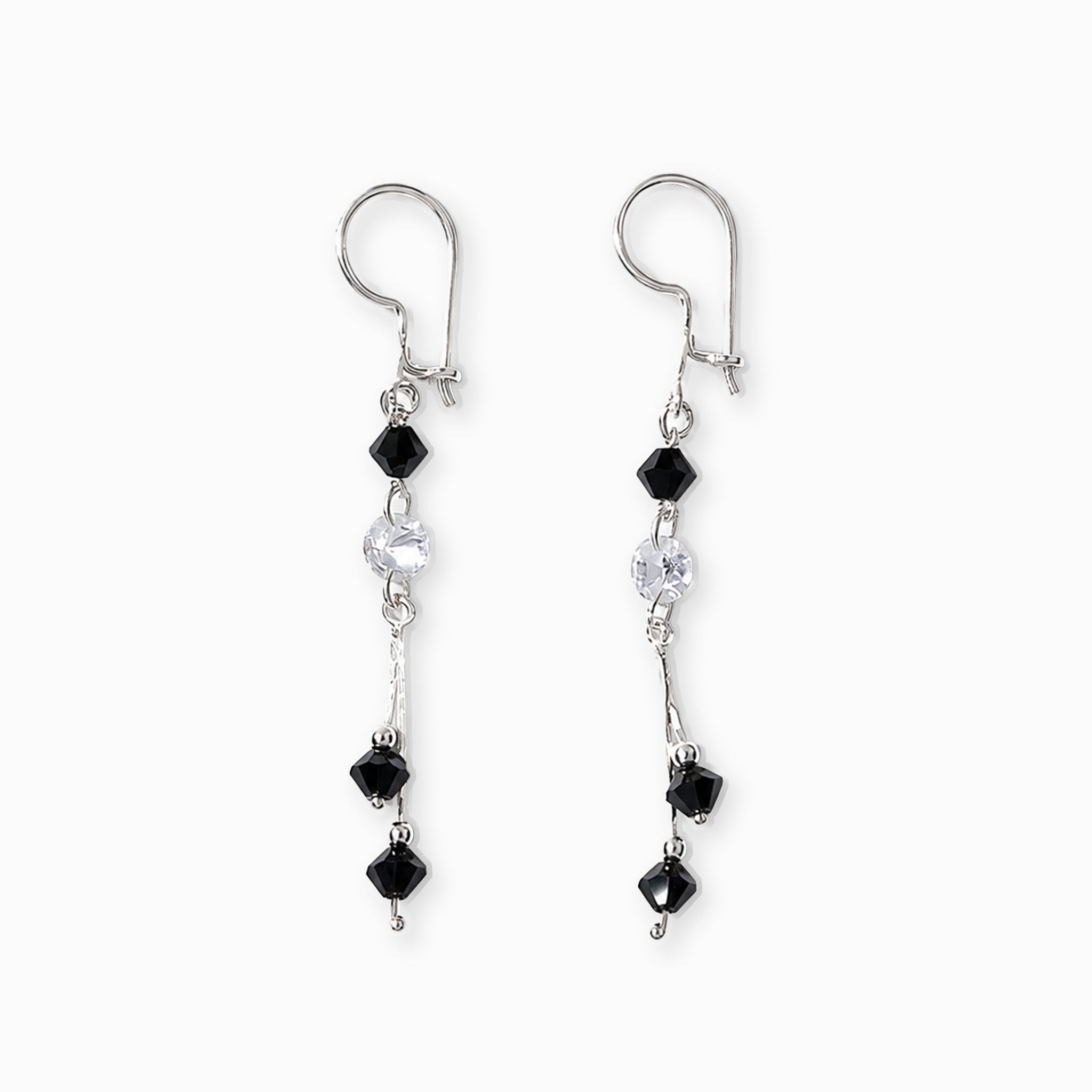 Aretes colgantes articulados con cristales de murano negros en plata ley 925.
