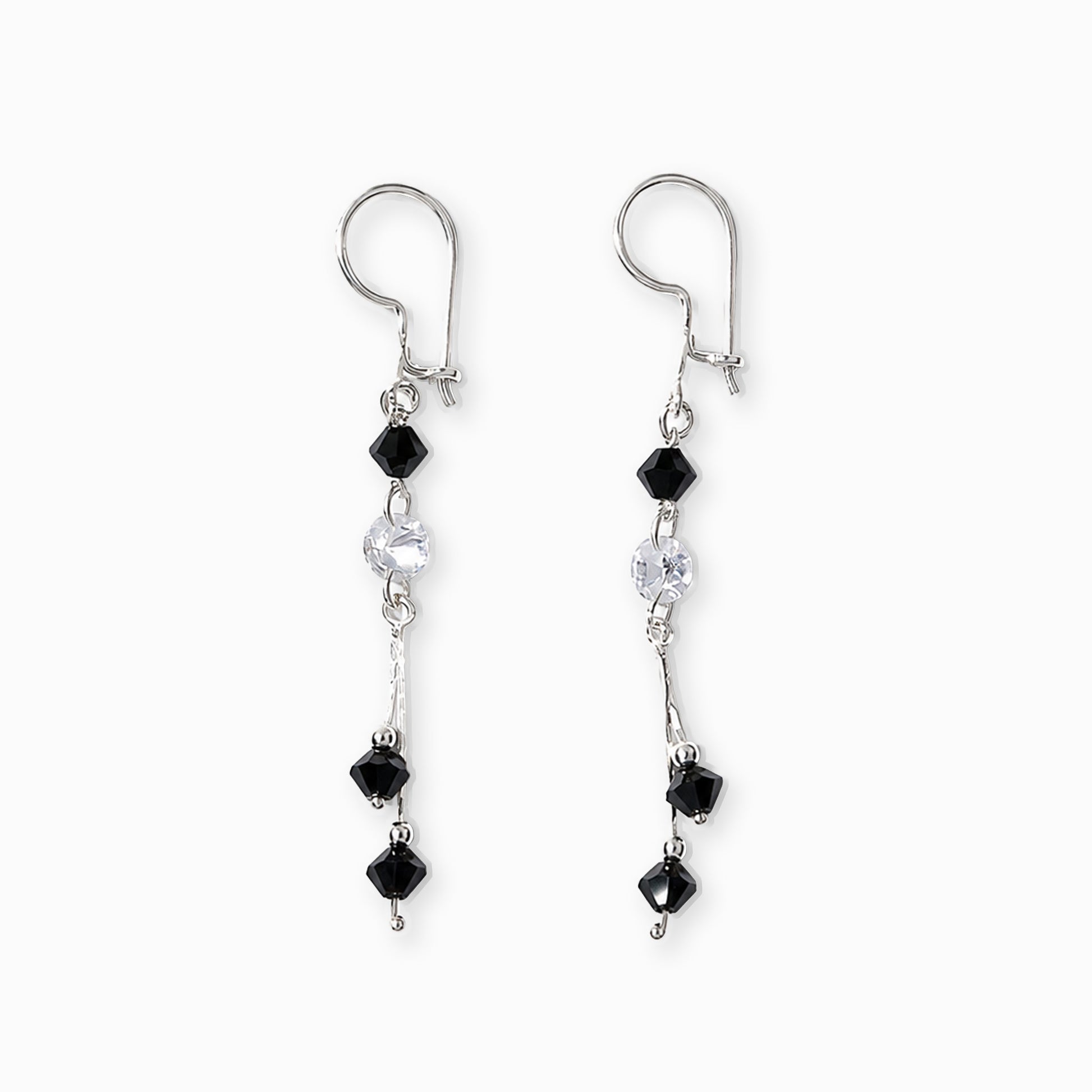 Aretes colgantes articulados con cristales de murano negros en plata ley 925.