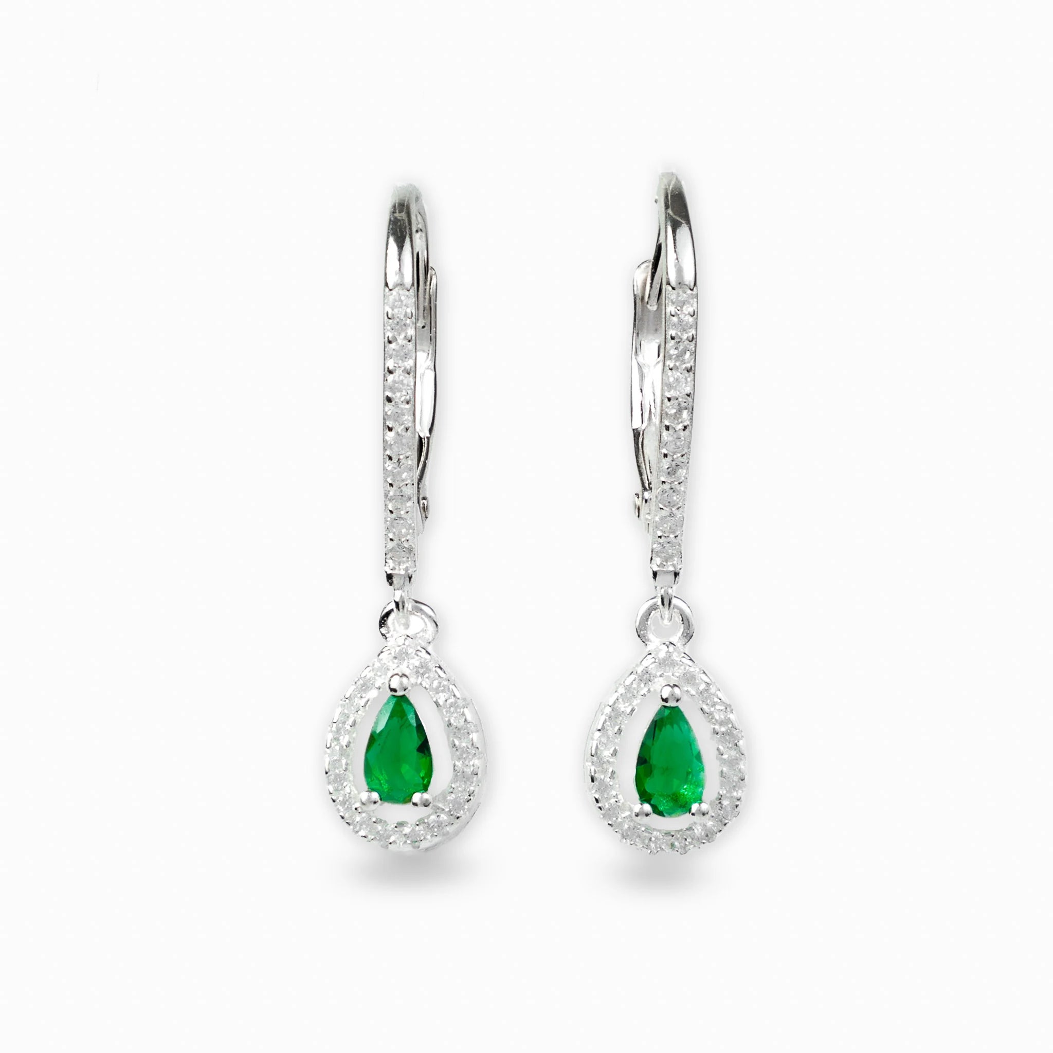 Aretes colgantes en forma de gota con circon verde en plata ley 925.