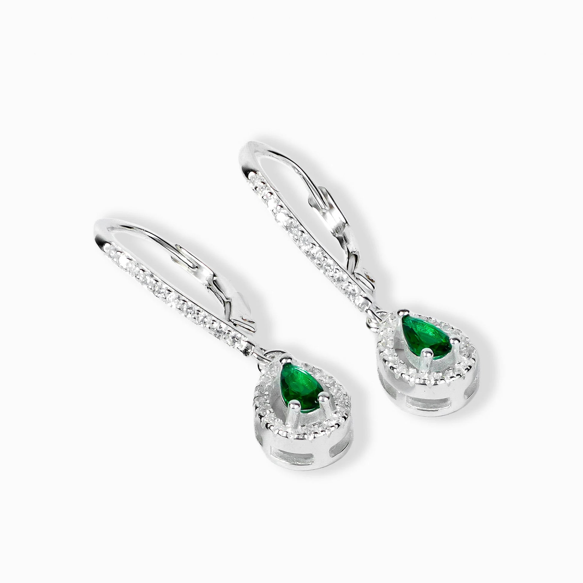 Aretes colgantes en forma de gota con circon verde en plata ley 925.