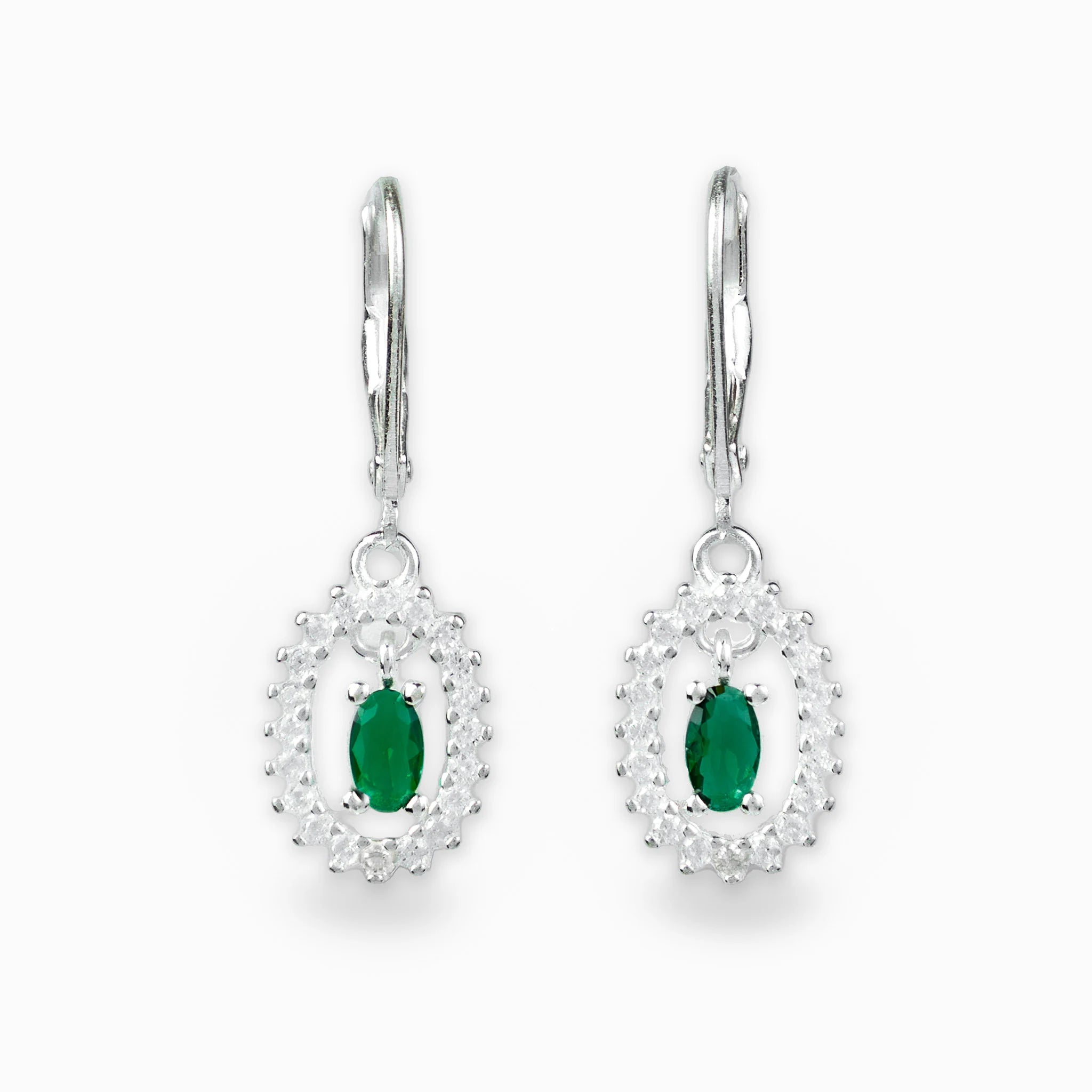 Aretes colgantes halo con circon central en plata ley 925.