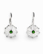 Aretes colgantes redondos en plata ley 925 con circon verde central.