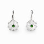 Aretes colgantes redondos en plata ley 925 con circon verde central.
