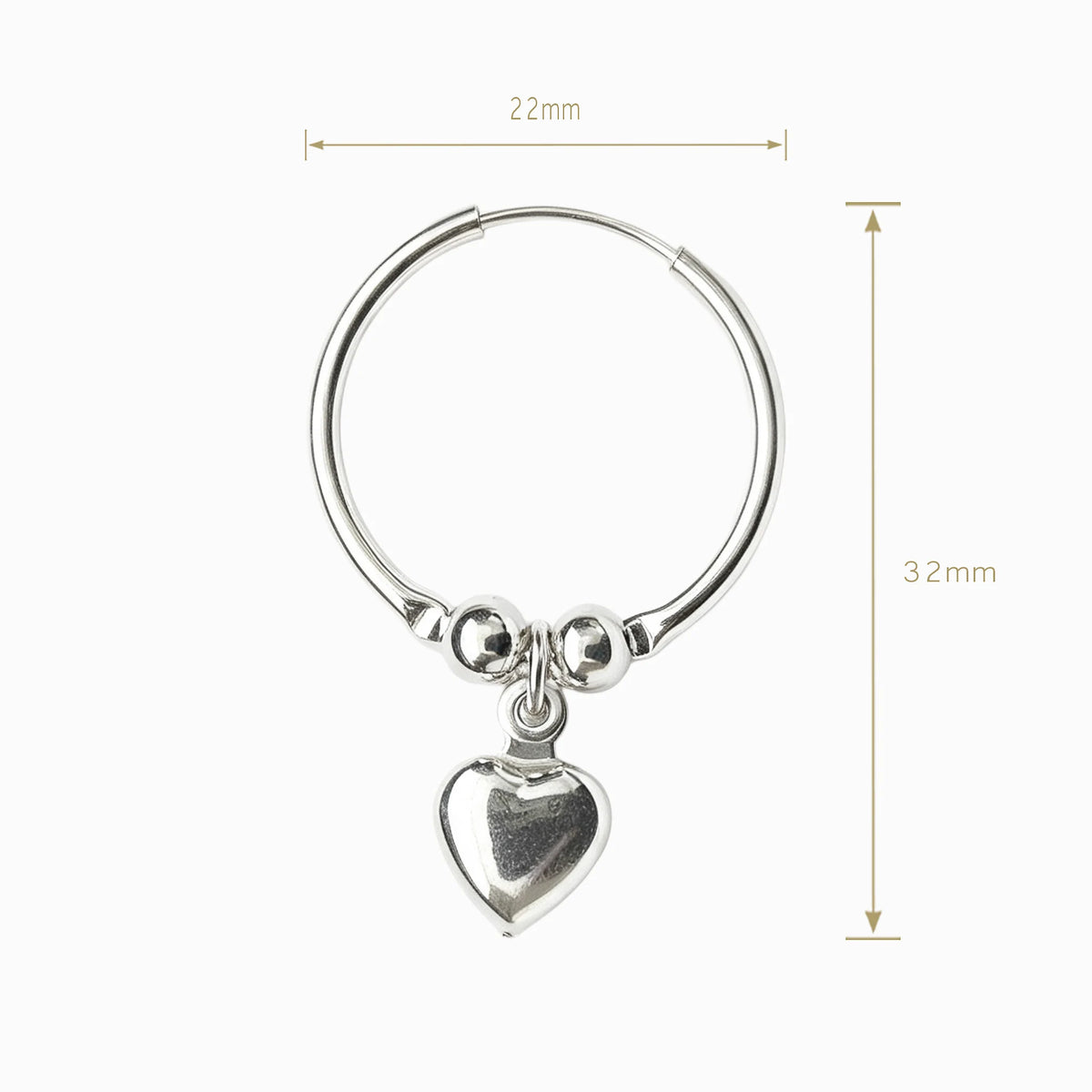 Candongas con balines y dije de corazón en plata ley 925 de 21 mm