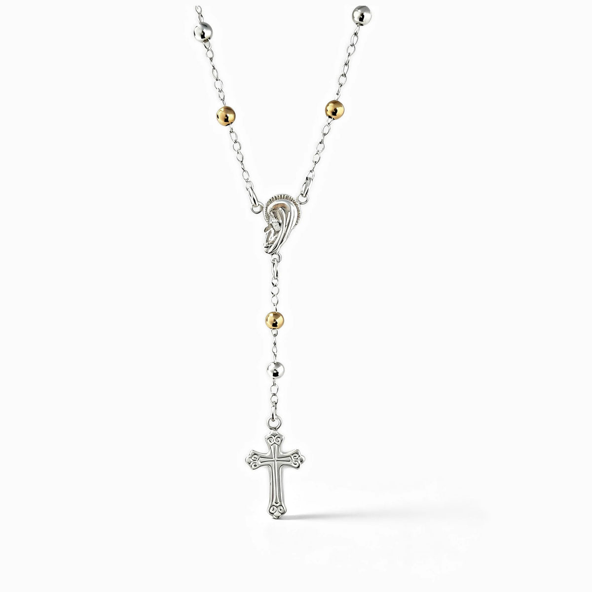 Denario en plata ley 925 con medalla de la Virgen, cruz y balines bicolores con baño de oro.