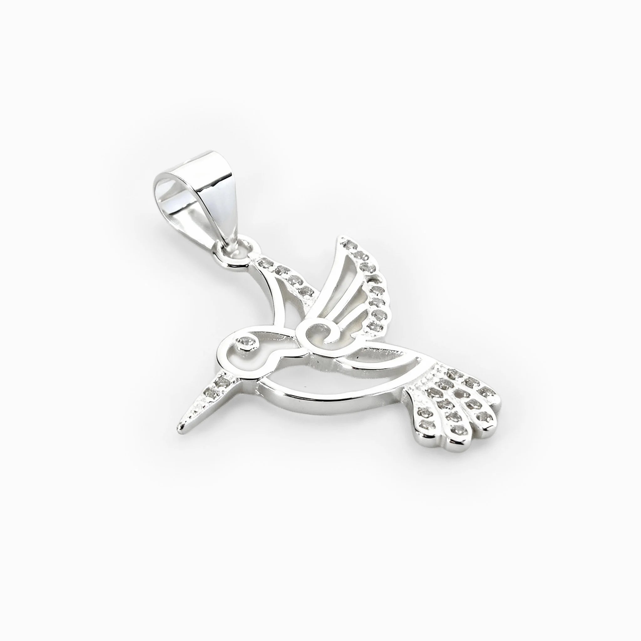 Dije de colibrí de 22x8x21 mm en plata ley 925 con circones blancos brillantes