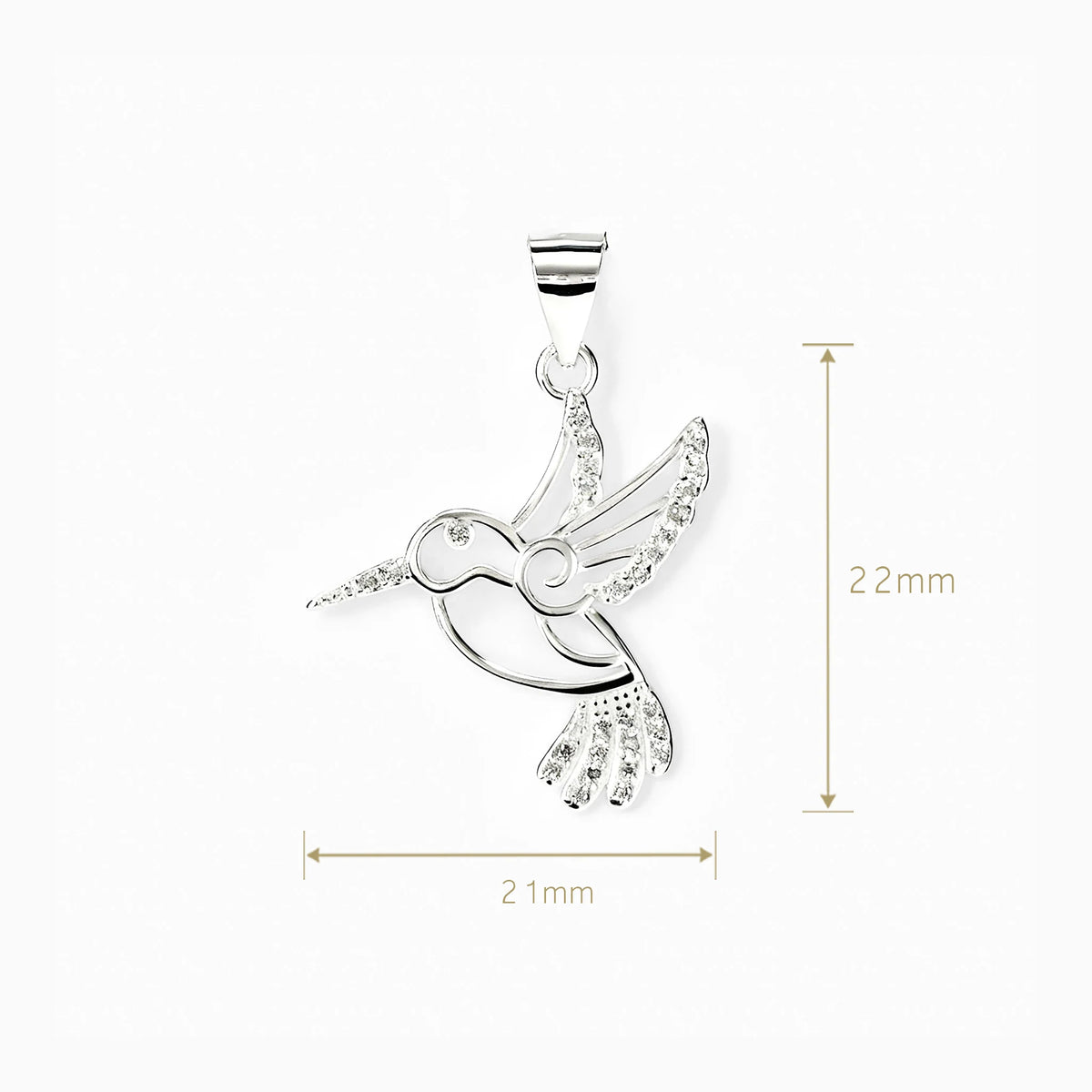 Dije de colibrí de 22x8x21 mm en plata ley 925 con circones blancos brillantes