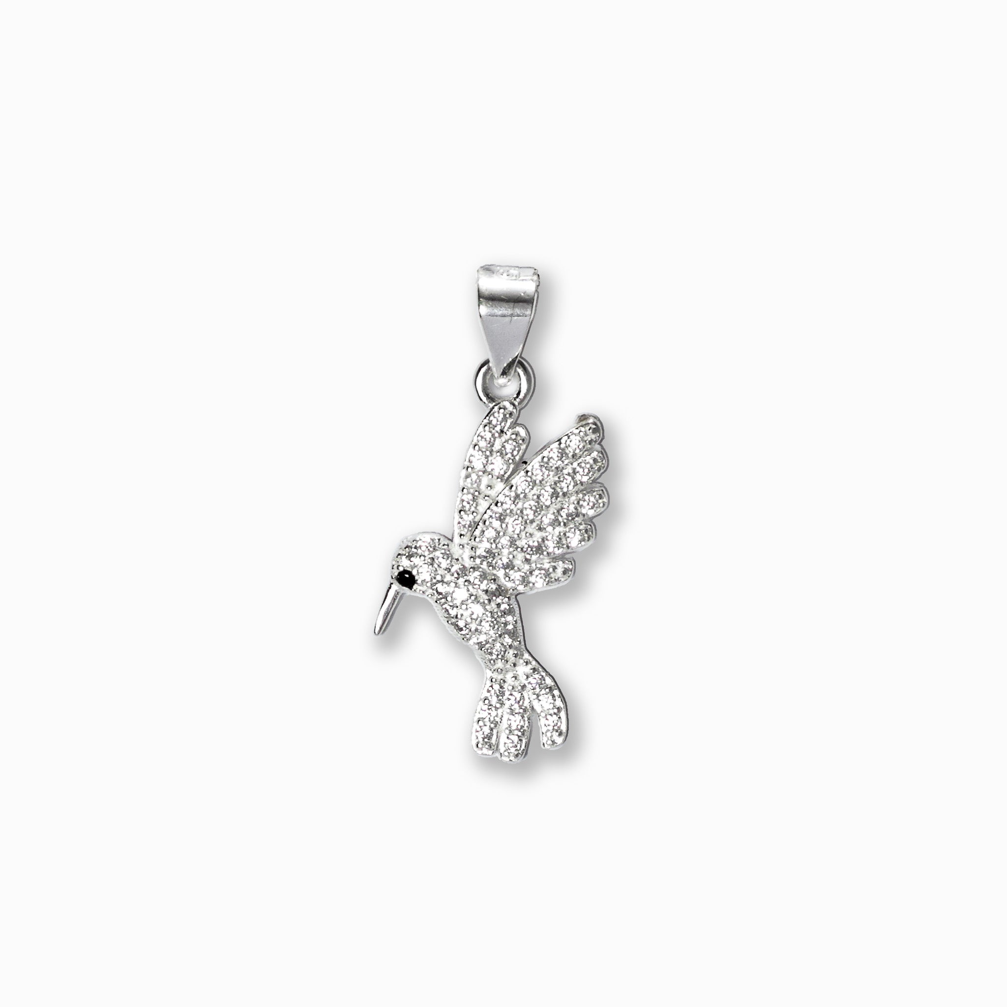 Dije de colibrí en vuelo elaborado en Plata Ley 925 y completamente recubierto de microcircones blancos brillantes.