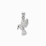 Dije de colibrí en vuelo elaborado en Plata Ley 925 y completamente recubierto de microcircones blancos brillantes.