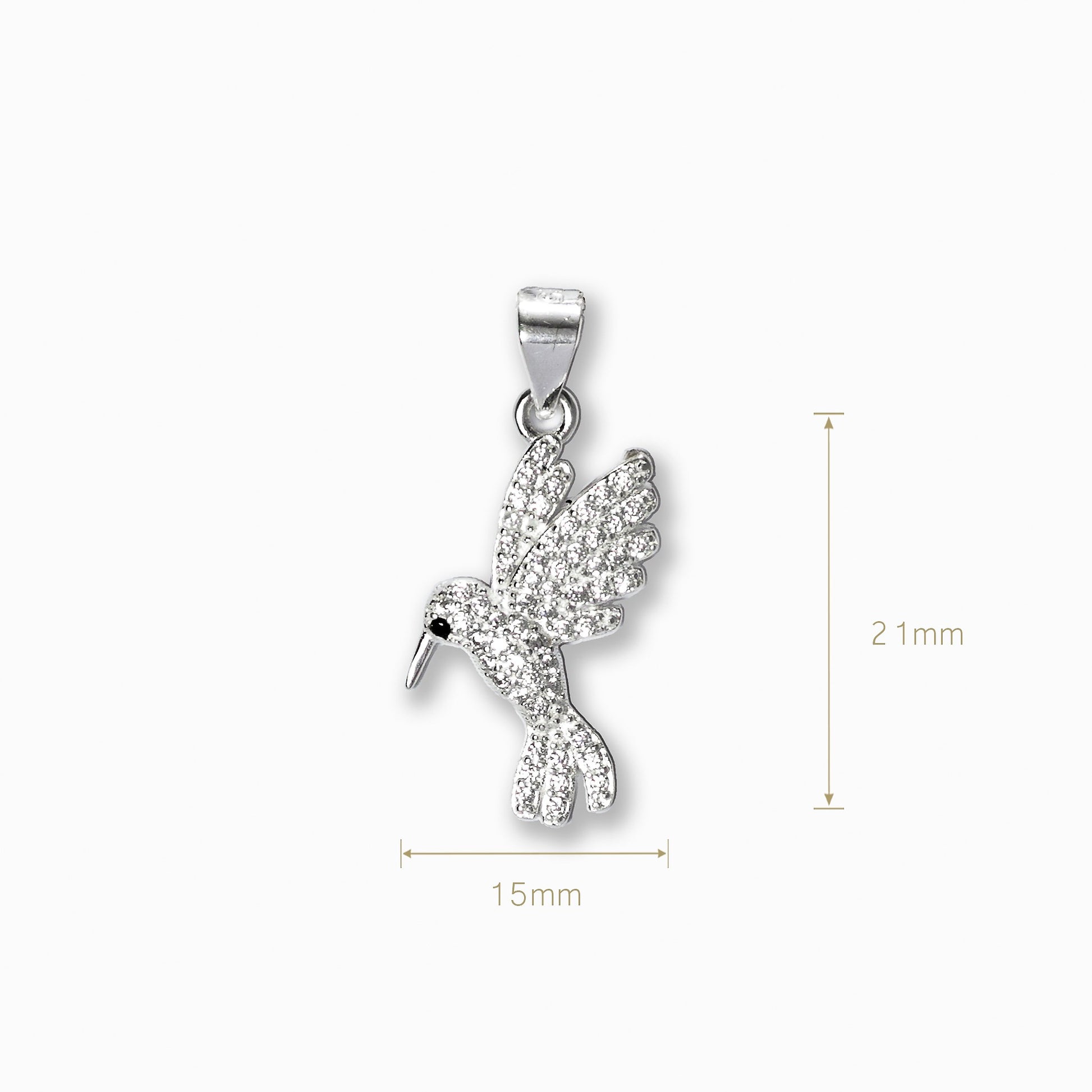 Dije de colibrí en vuelo elaborado en Plata Ley 925 y completamente recubierto de microcircones blancos brillantes.