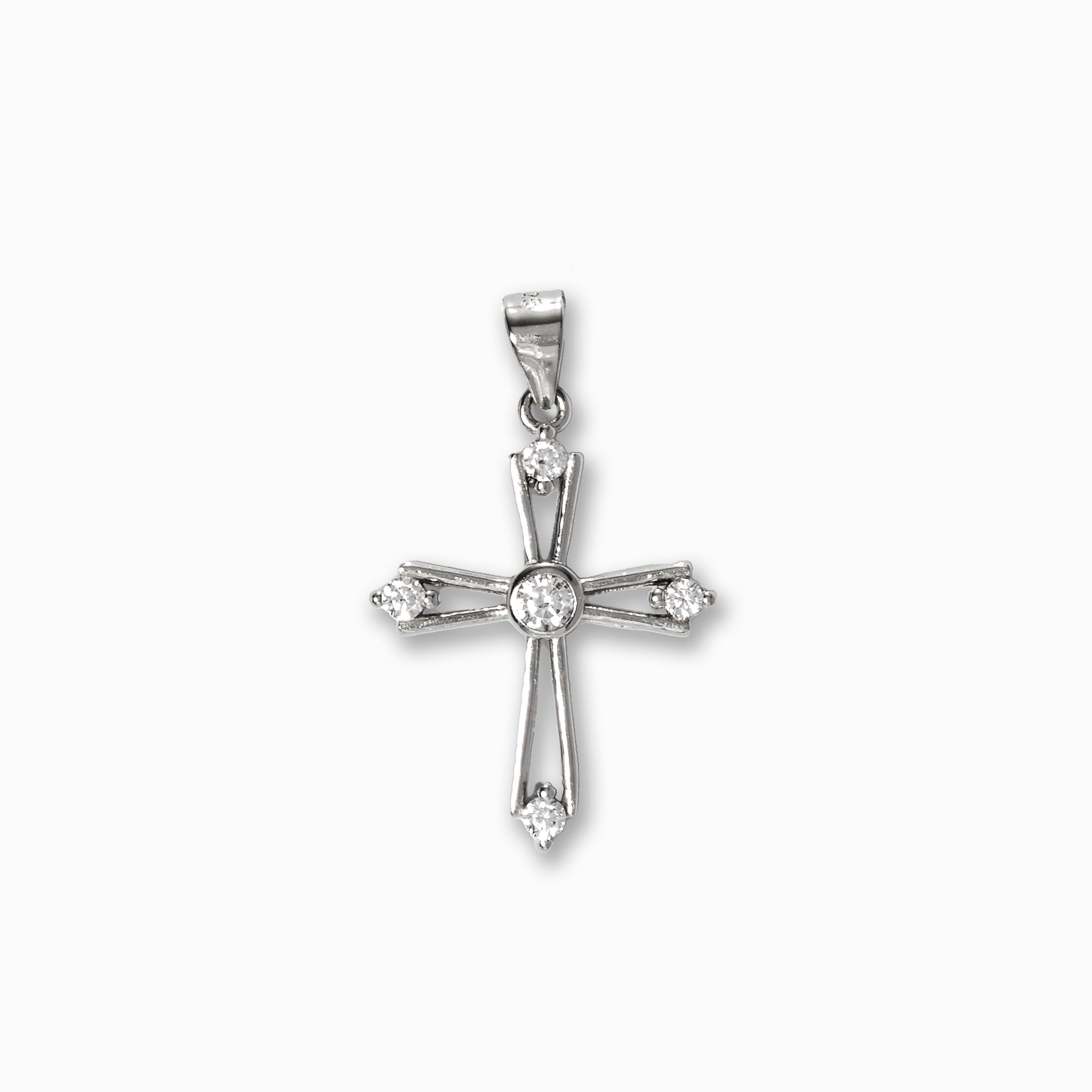 Dije de cruz calada y estilizada en Plata Ley 925 adornada con cinco circones redondos transparentes en puntos clave.