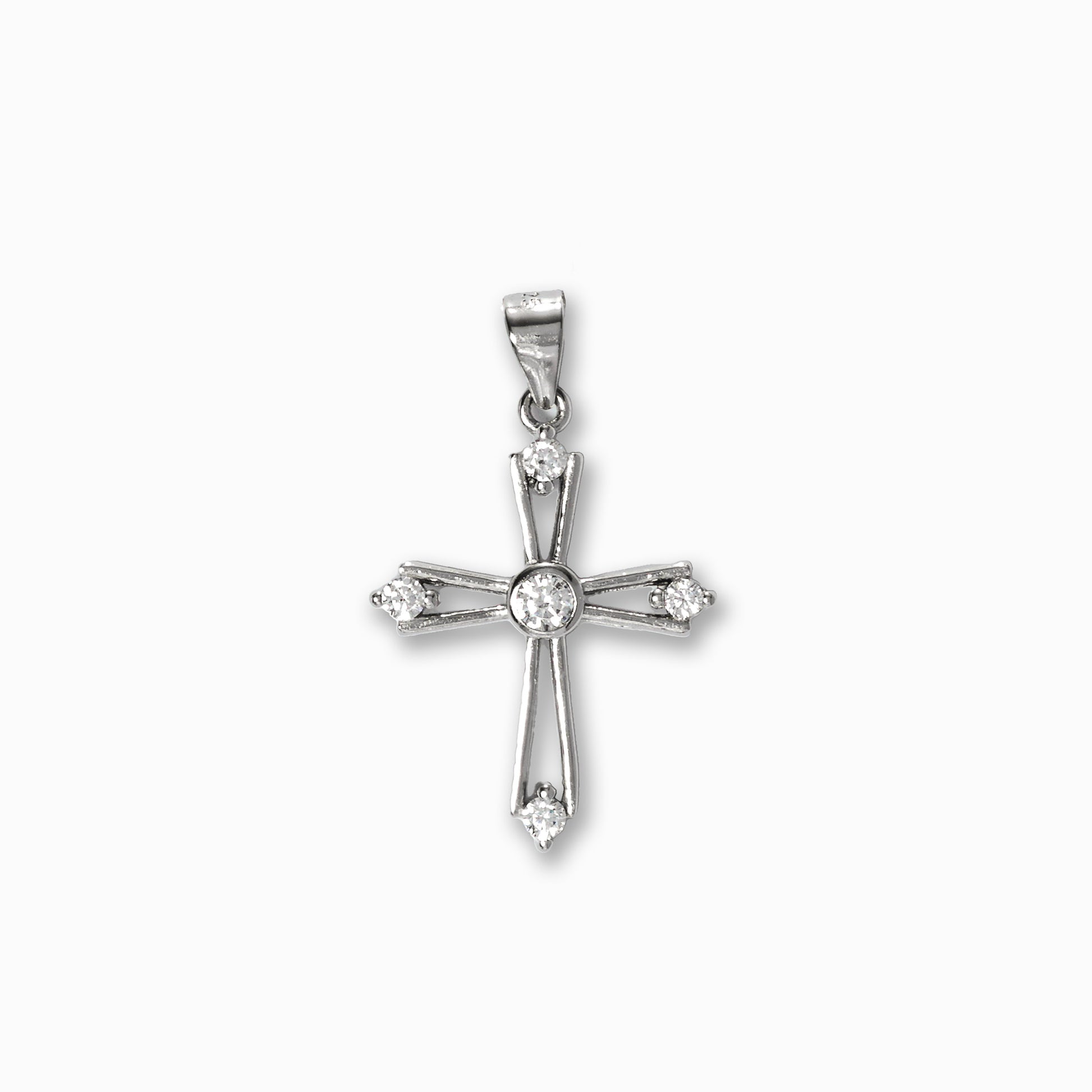 Dije de cruz calada y estilizada en Plata Ley 925 adornada con cinco circones redondos transparentes en puntos clave.