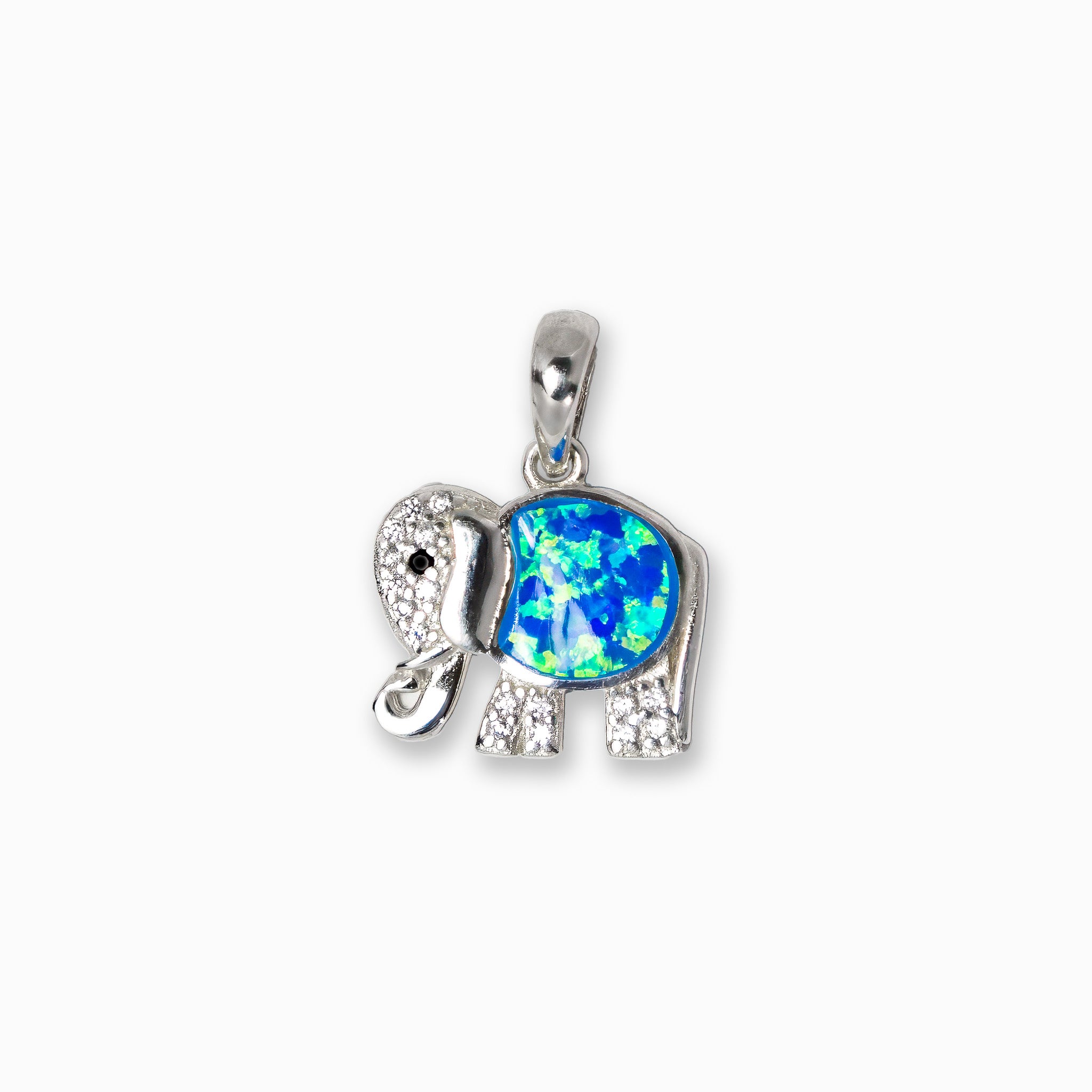 Dije colgante de elefante en Plata Ley 925 de 13x11mm con cuerpo de resina azul estilo ópalo y detalles de circones brillantes.