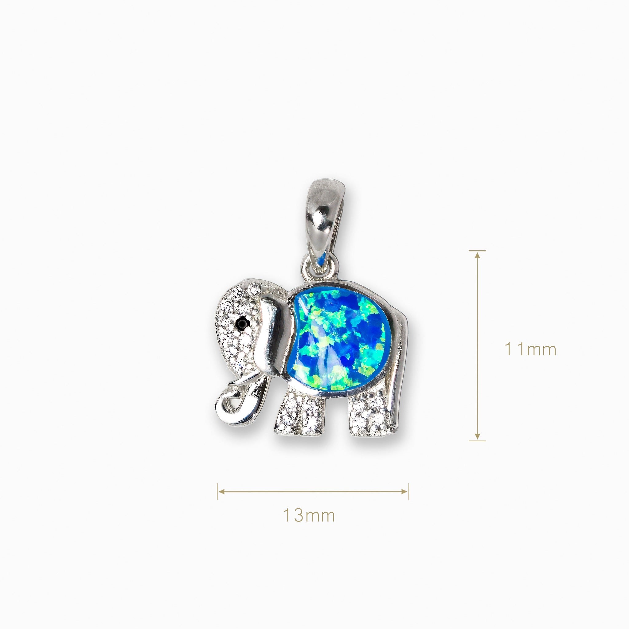 Dije colgante de elefante en Plata Ley 925 de 13x11mm con cuerpo de resina azul estilo ópalo y detalles de circones brillantes.