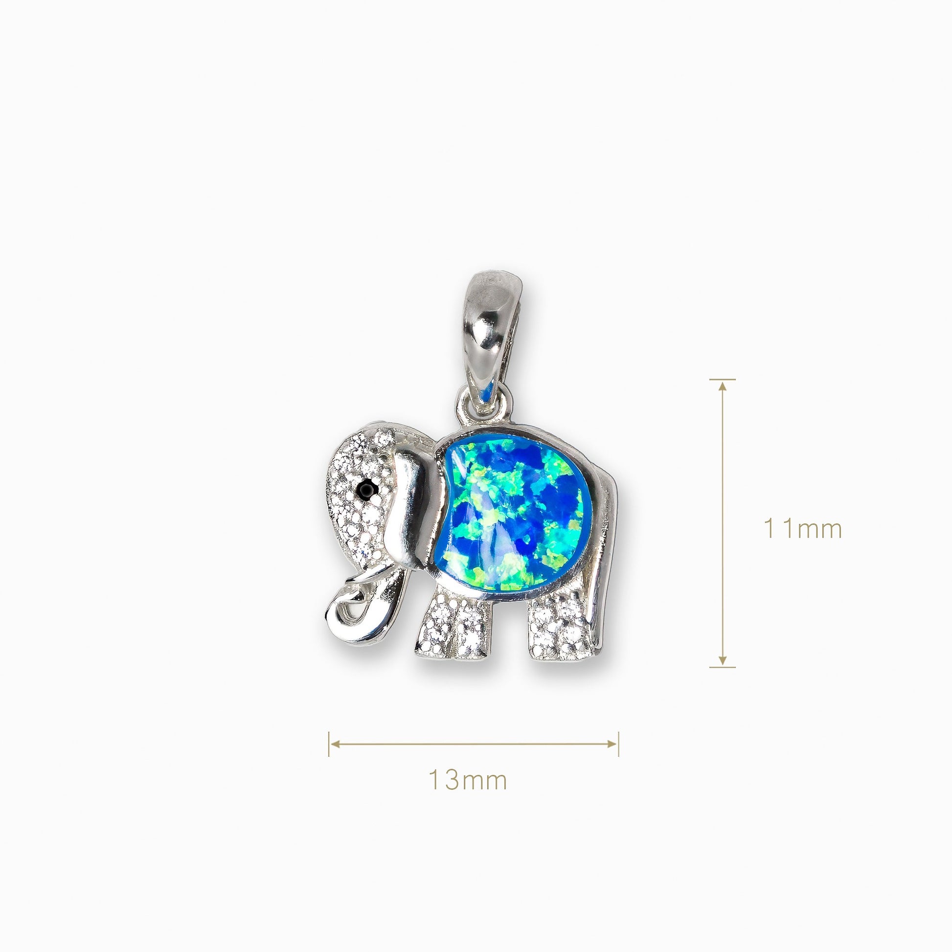 Dije colgante de elefante en Plata Ley 925 de 13x11mm con cuerpo de resina azul estilo ópalo y detalles de circones brillantes.