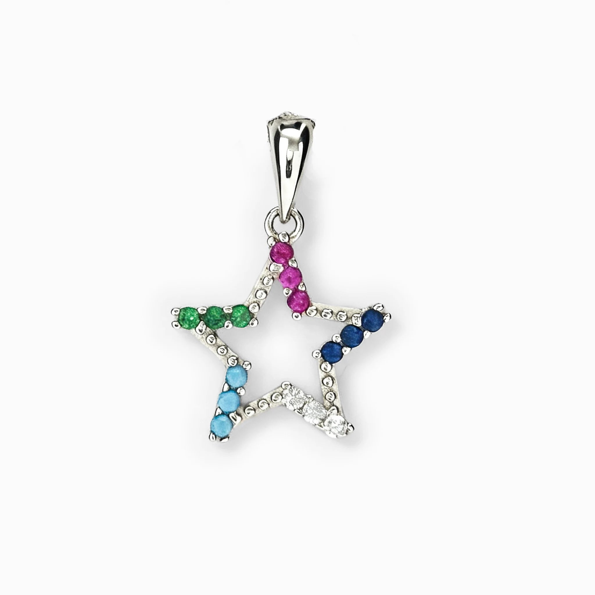 Dije de estrella calada de 15x14 mm en plata ley 925 con circones multicolor