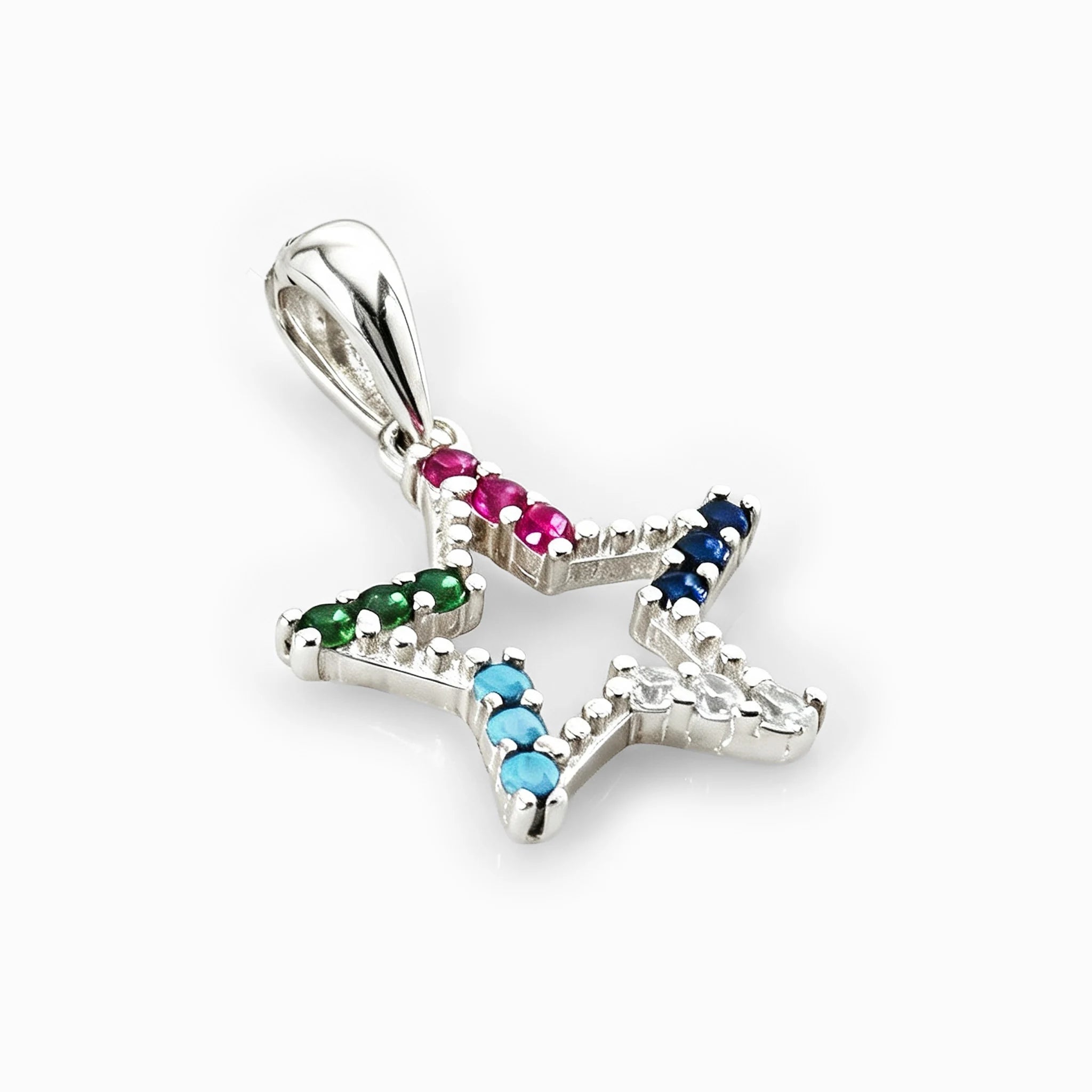 Dije de estrella calada de 15x14 mm en plata ley 925 con circones multicolor