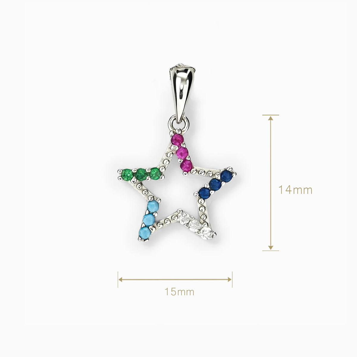 Dije de estrella calada de 15x14 mm en plata ley 925 con circones multicolor
