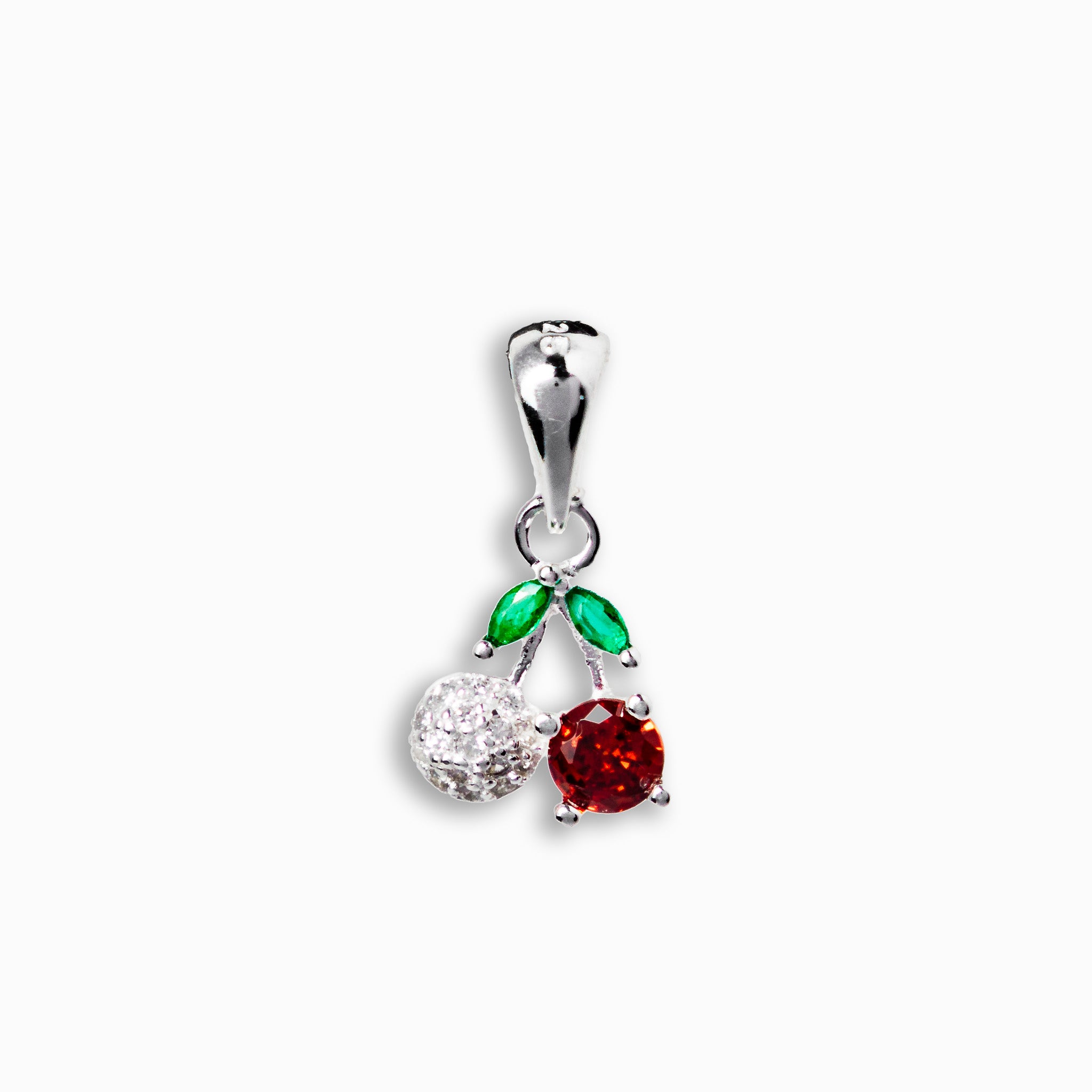 Dije colgante en Plata Ley 925 con forma de fruto con un cirón redondo rojo, un globo de cirones blancos y hojas verdes.