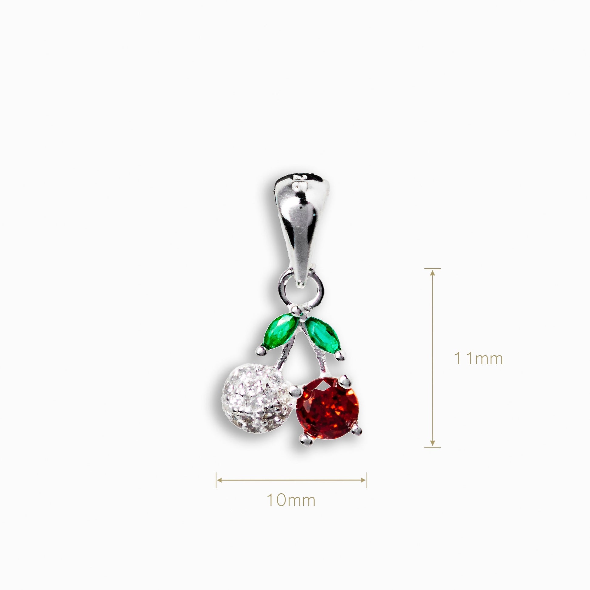 Dije colgante en Plata Ley 925 con forma de fruto con un cirón redondo rojo, un globo de cirones blancos y hojas verdes.
