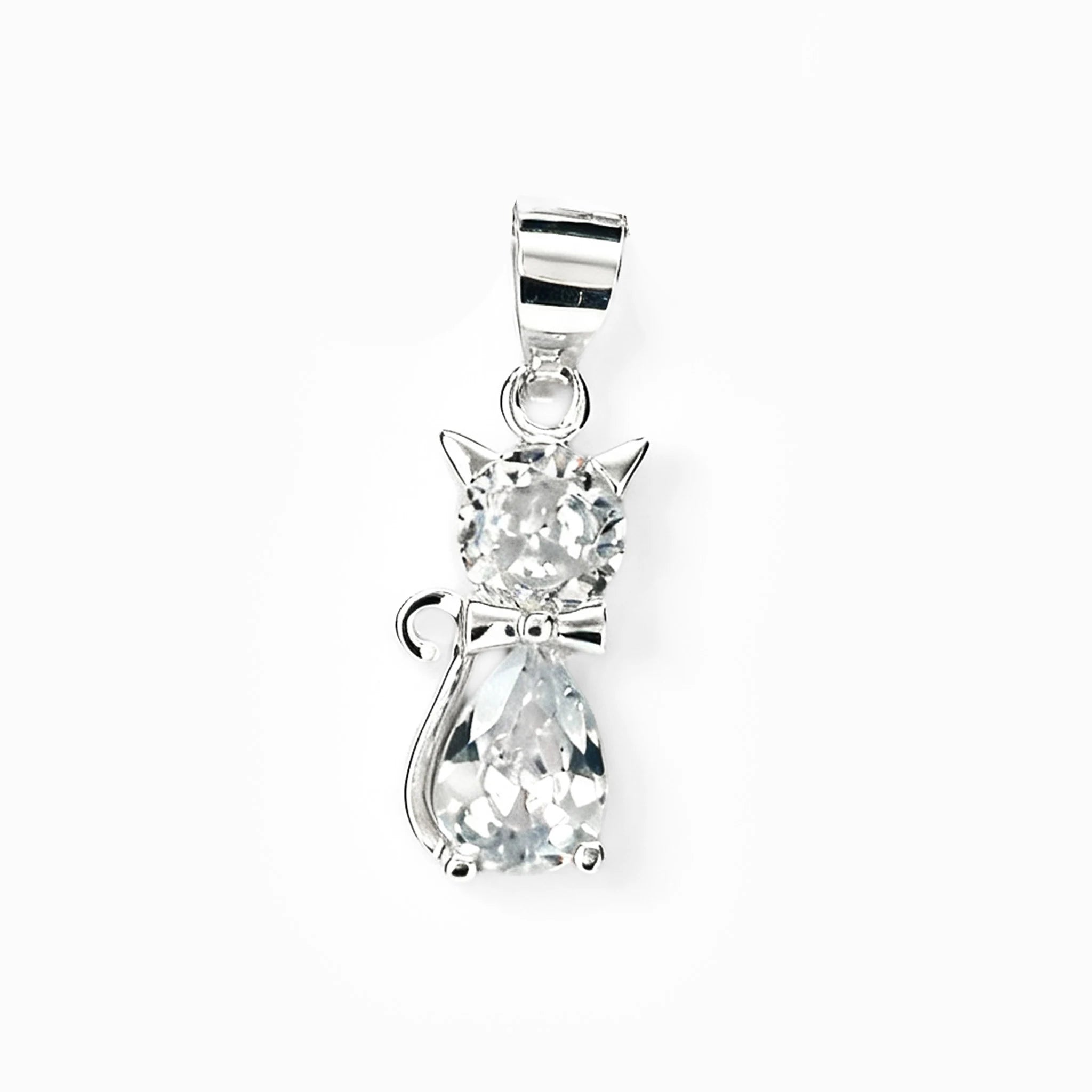 Dije con diseño de gato doble de 15x7 mm en plata ley 925 con circones blancos