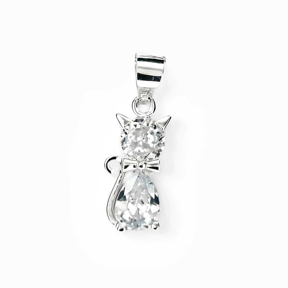 Dije con diseño de gato doble de 15x7 mm en plata ley 925 con circones blancos
