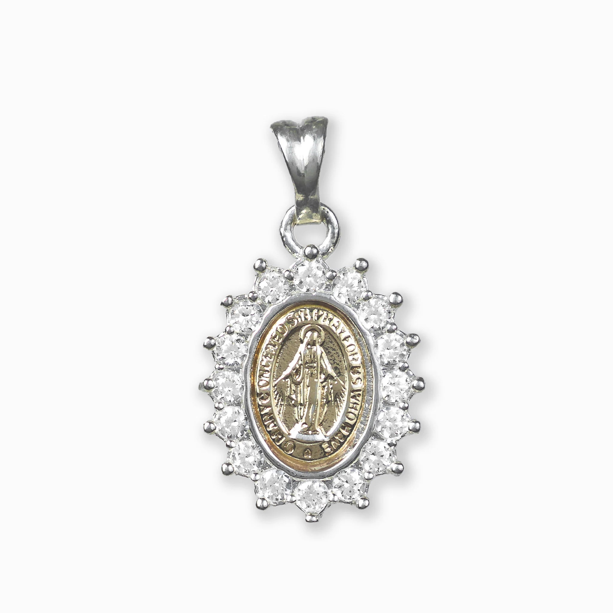 Dije Medalla Milagrosa con corona de circones en plata ley 925.