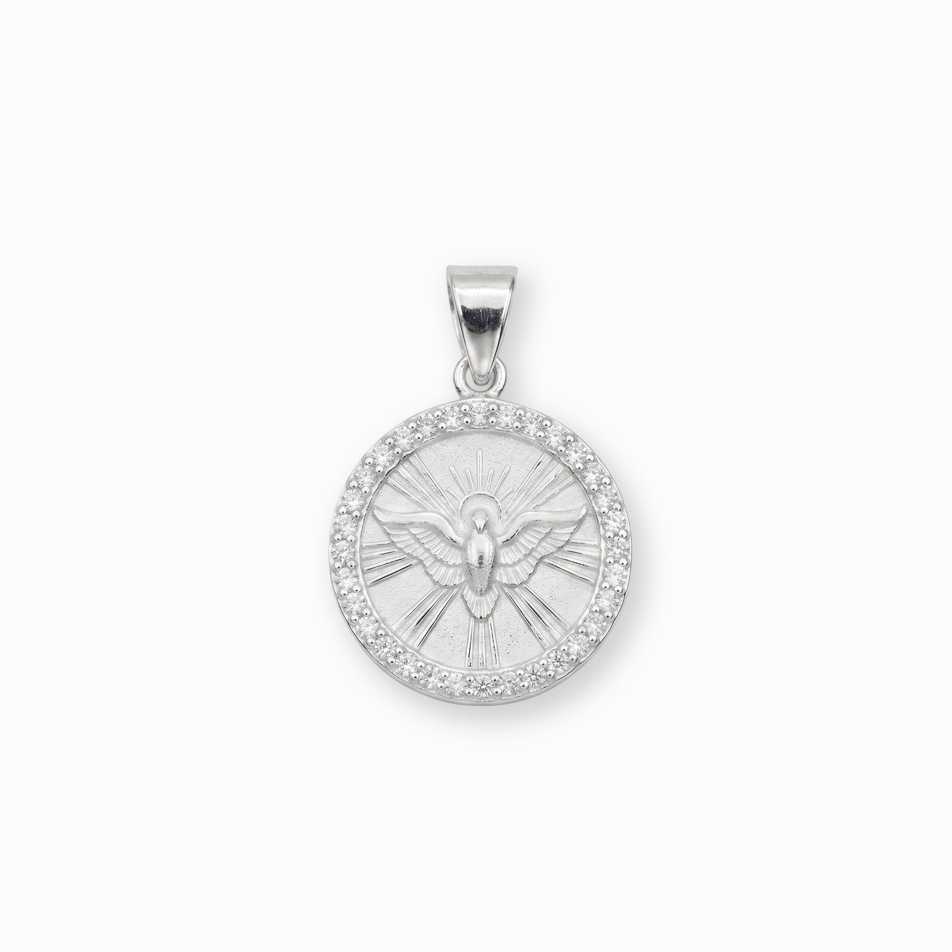  Dije circular de la medalla del Espíritu Santo en plata ley 925 con borde de circones blancos brillantes sobre fondo blanco.
