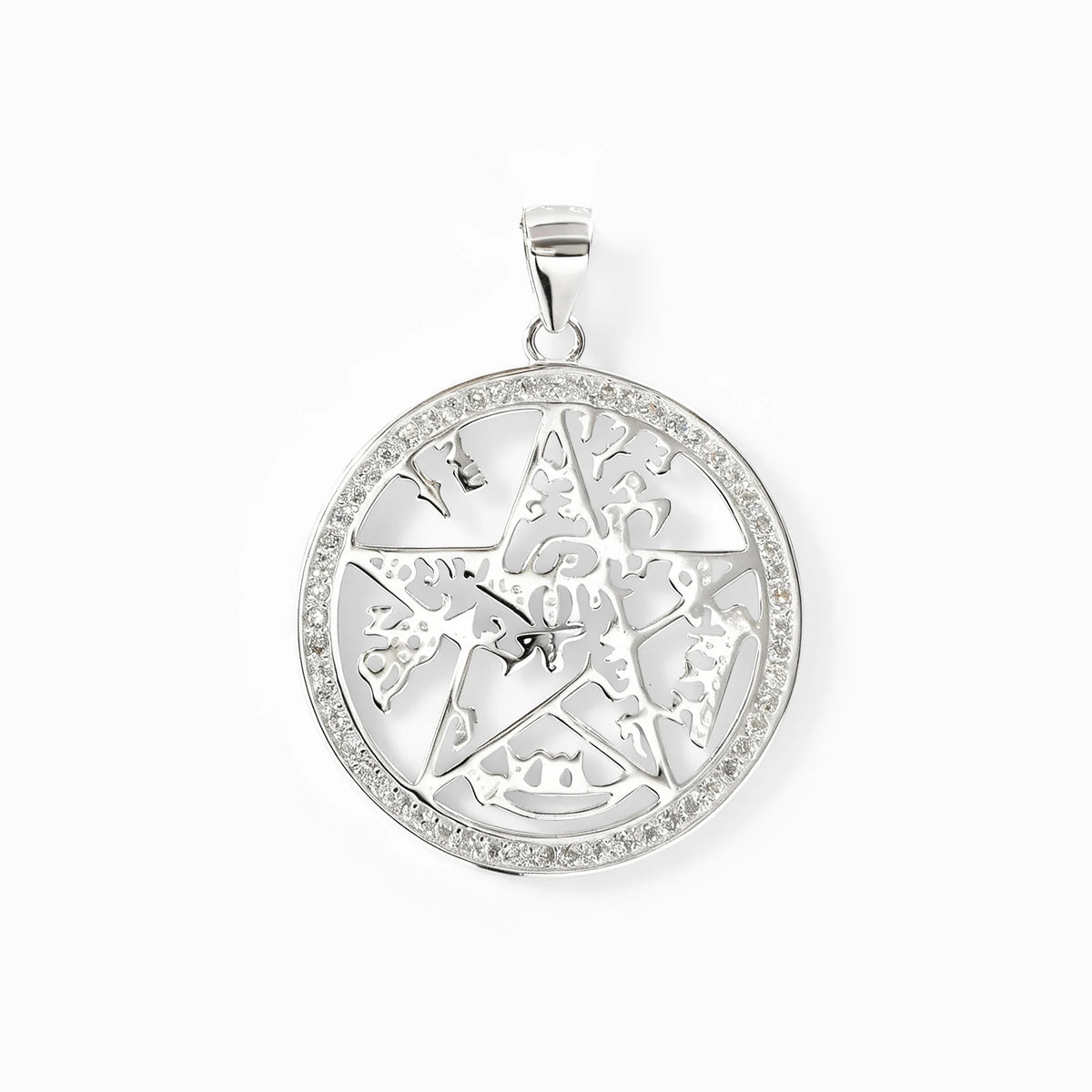 Dije de pentagrama Tetragramatón circular en plata ley 925 con halo de circones blancos.