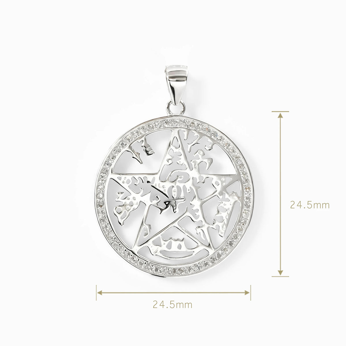 Dije de pentagrama Tetragramatón circular en plata ley 925 con halo de circones blancos.