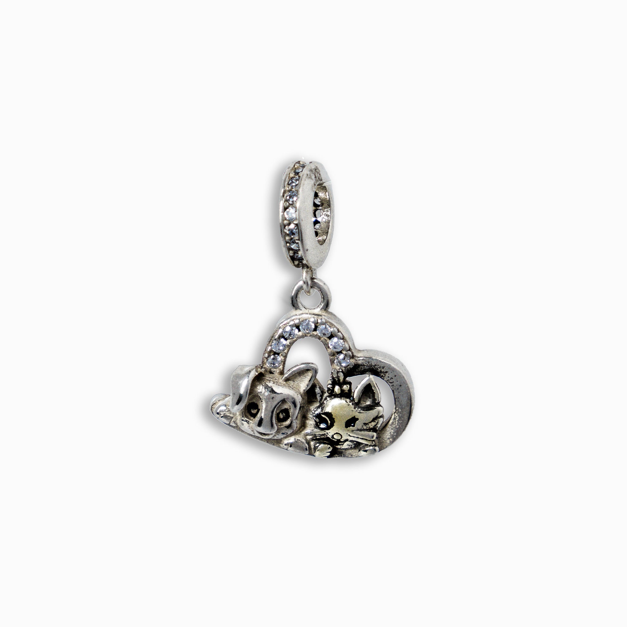 Charm colgante estilo Pandora en Plata Ley 925 con forma de corazón calado con circones y siluetas de perro y gato.