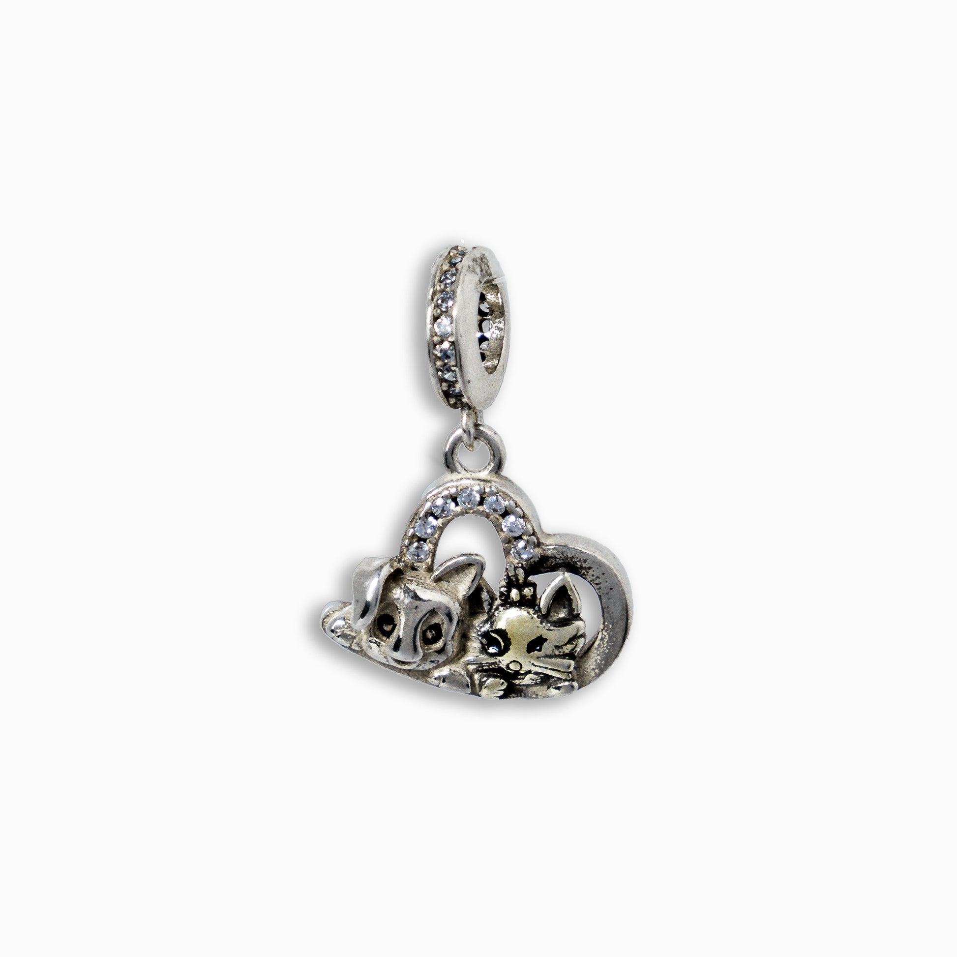 Charm colgante estilo Pandora en Plata Ley 925 con forma de corazón calado con circones y siluetas de perro y gato.