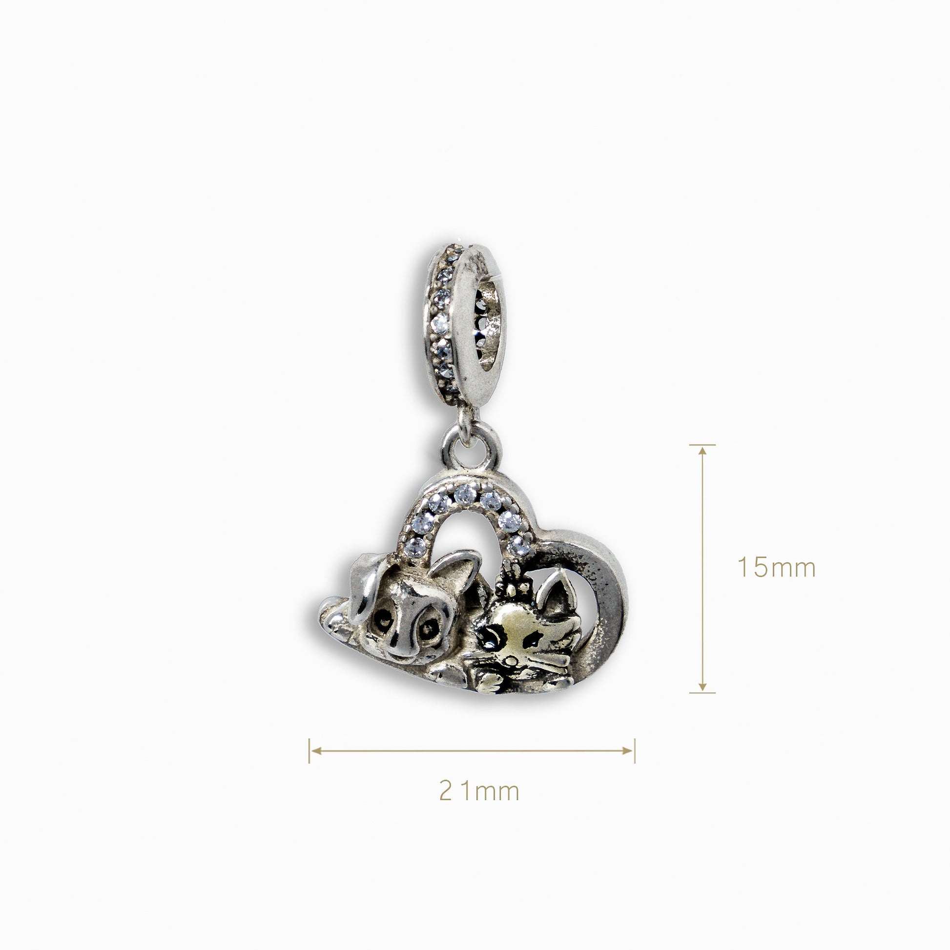 Charm colgante estilo Pandora en Plata Ley 925 con forma de corazón calado con circones y siluetas de perro y gato.
