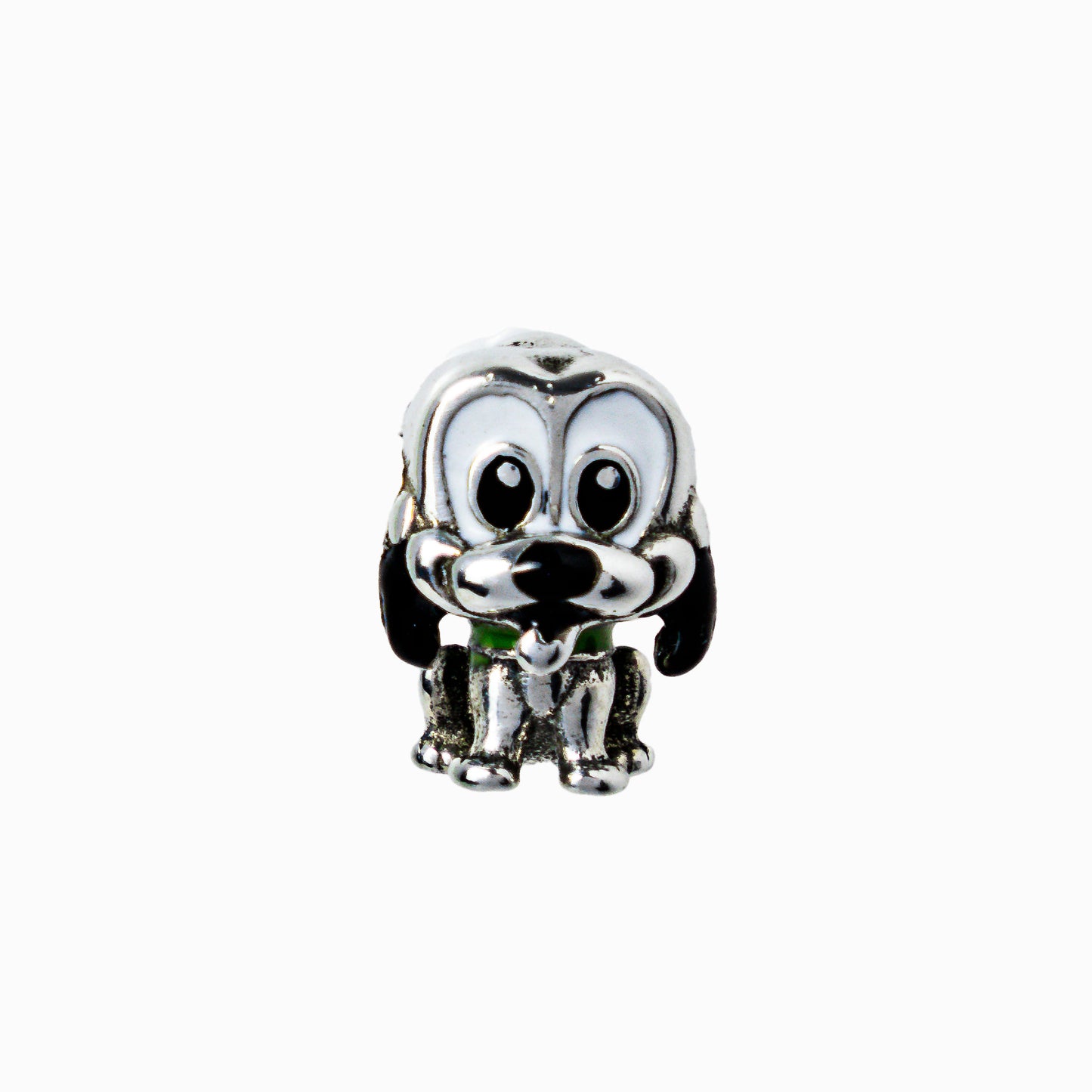 Charm pasador tridimensional con forma de perrito en Plata Ley 925 con detalles esmaltados en blanco, negro y verde.